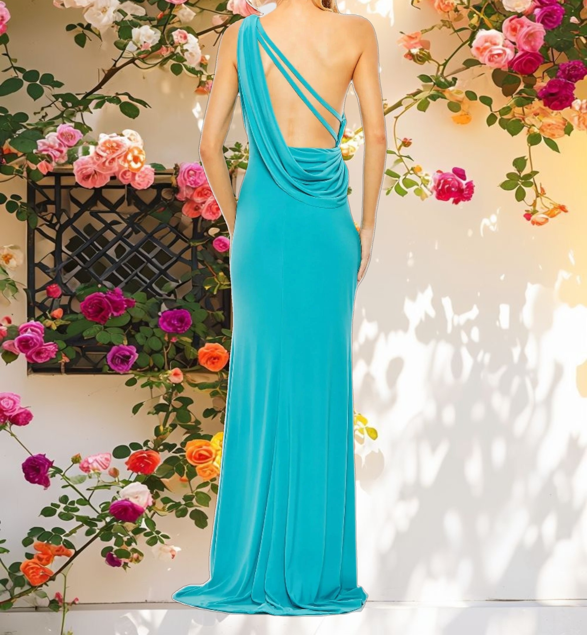 Blue Jersey One Shoulder Draped Back Gown