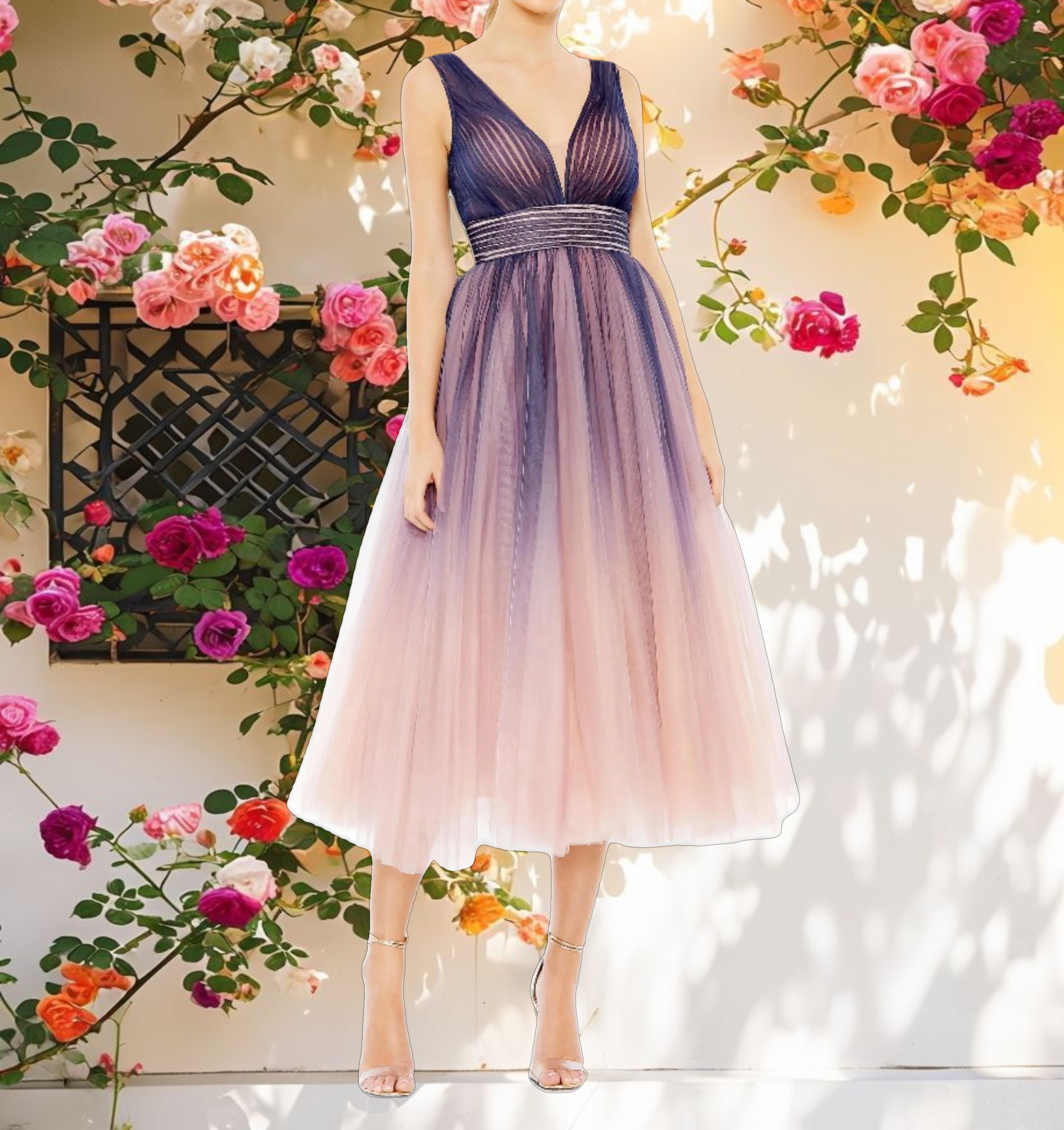 Ombre Sleeveless V Neck Midi Dress