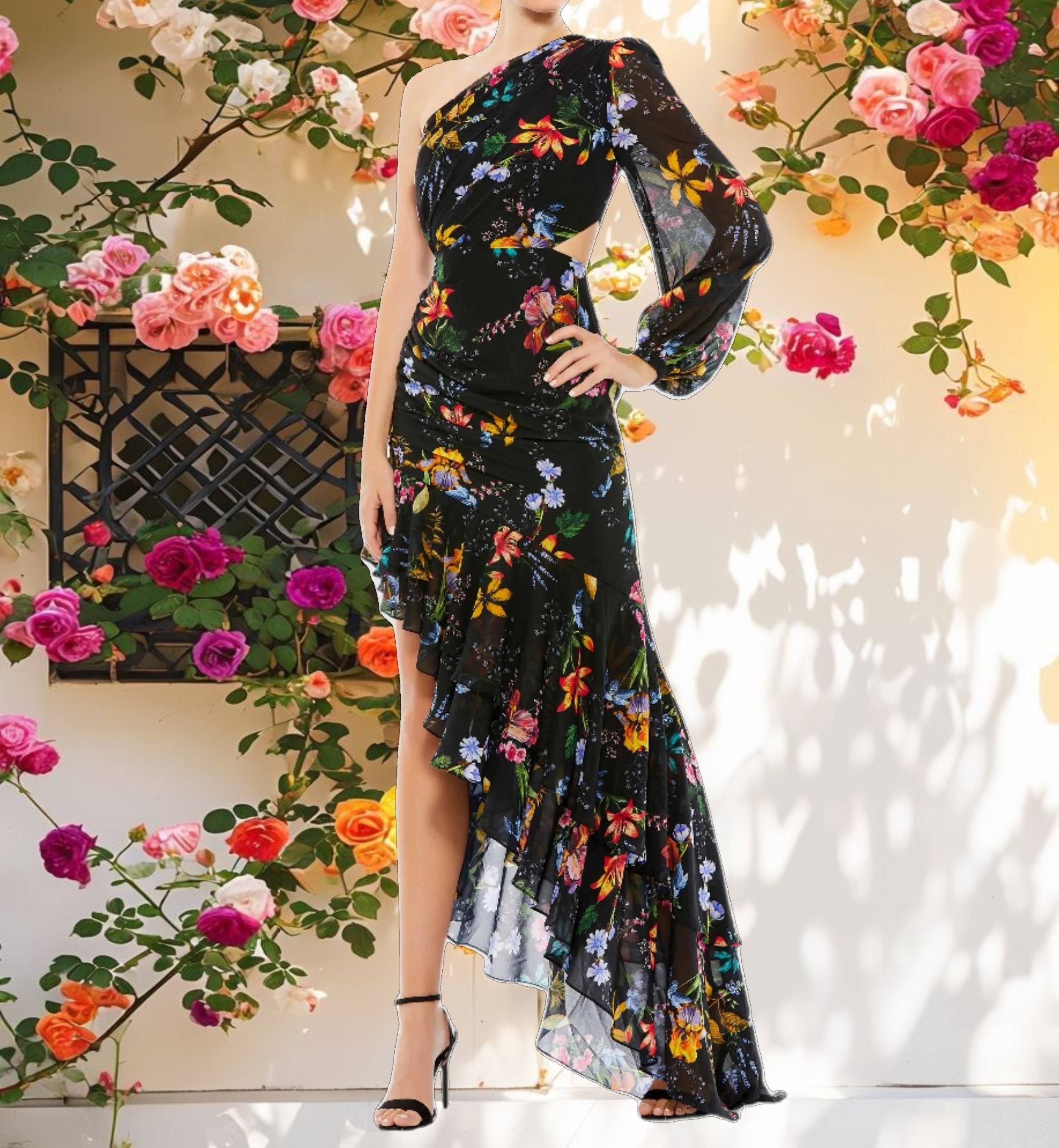 Floral One Sleeve Cut Out Dress