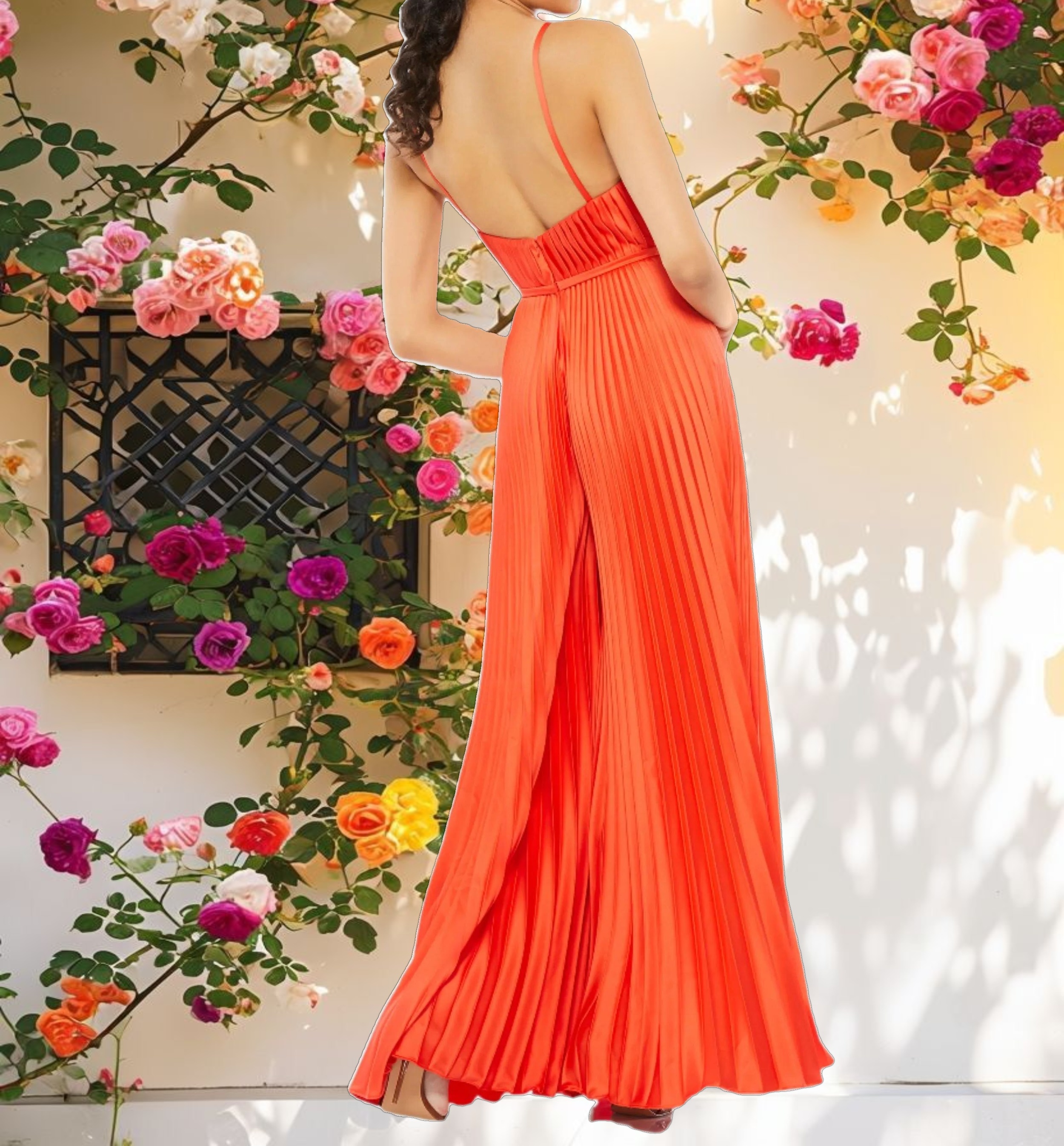 Orange Pleated Plunge Neck Wide Leg Jumpsuit