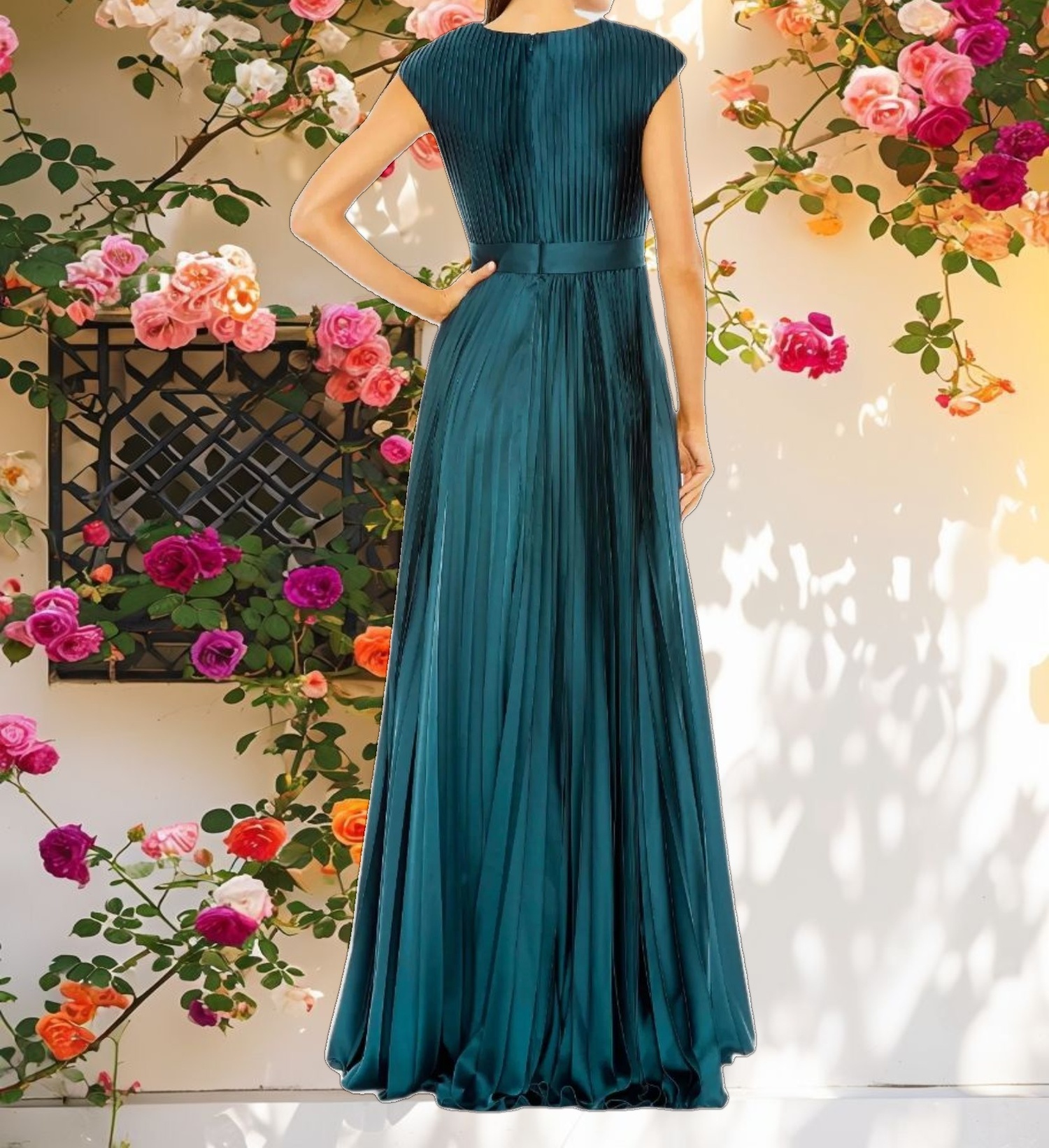 Blue Pleated Plunge Neck Belted A Line Gown