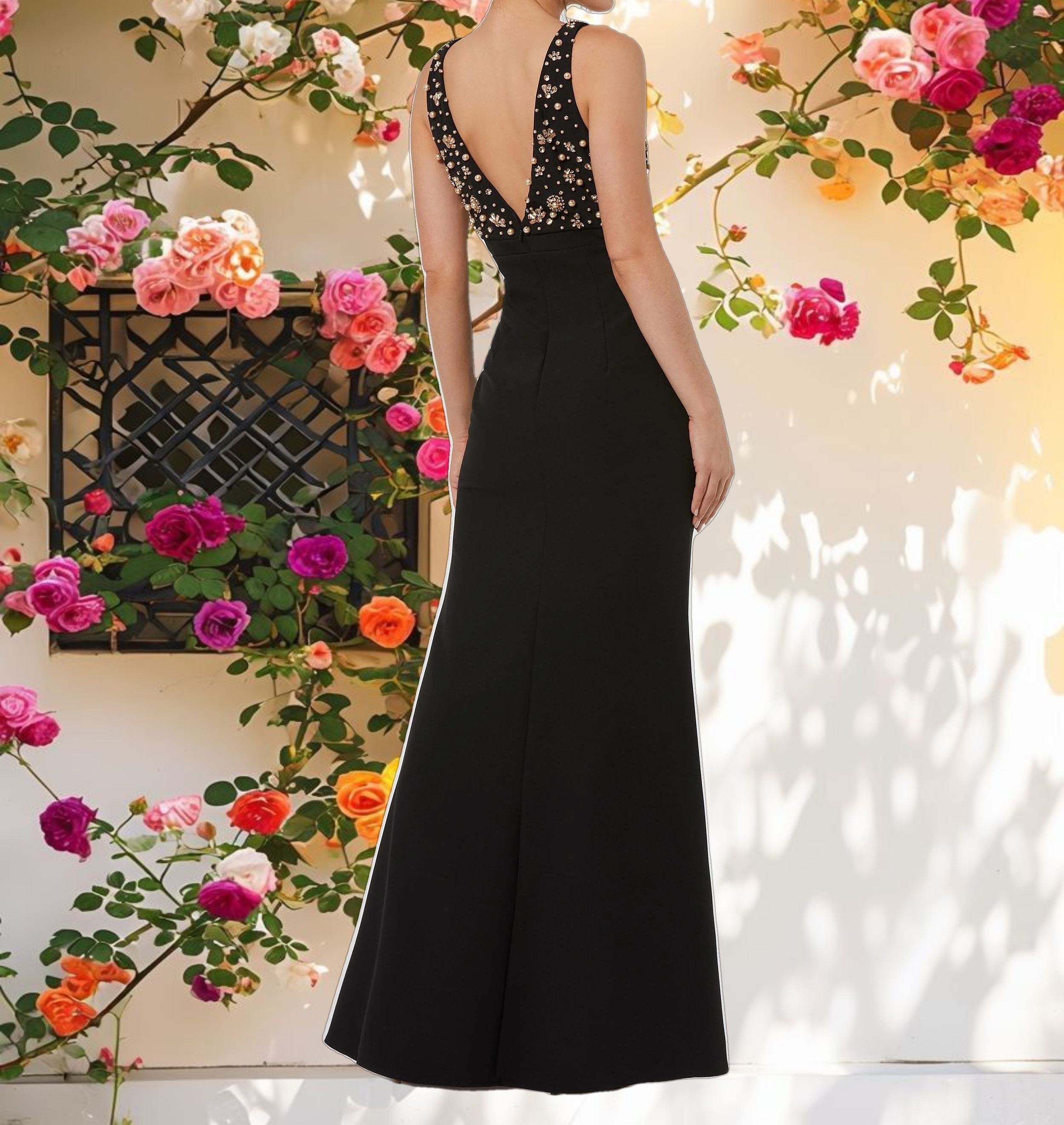 Black Crepe Sleeveless Beaded V Neck Gown With Bow