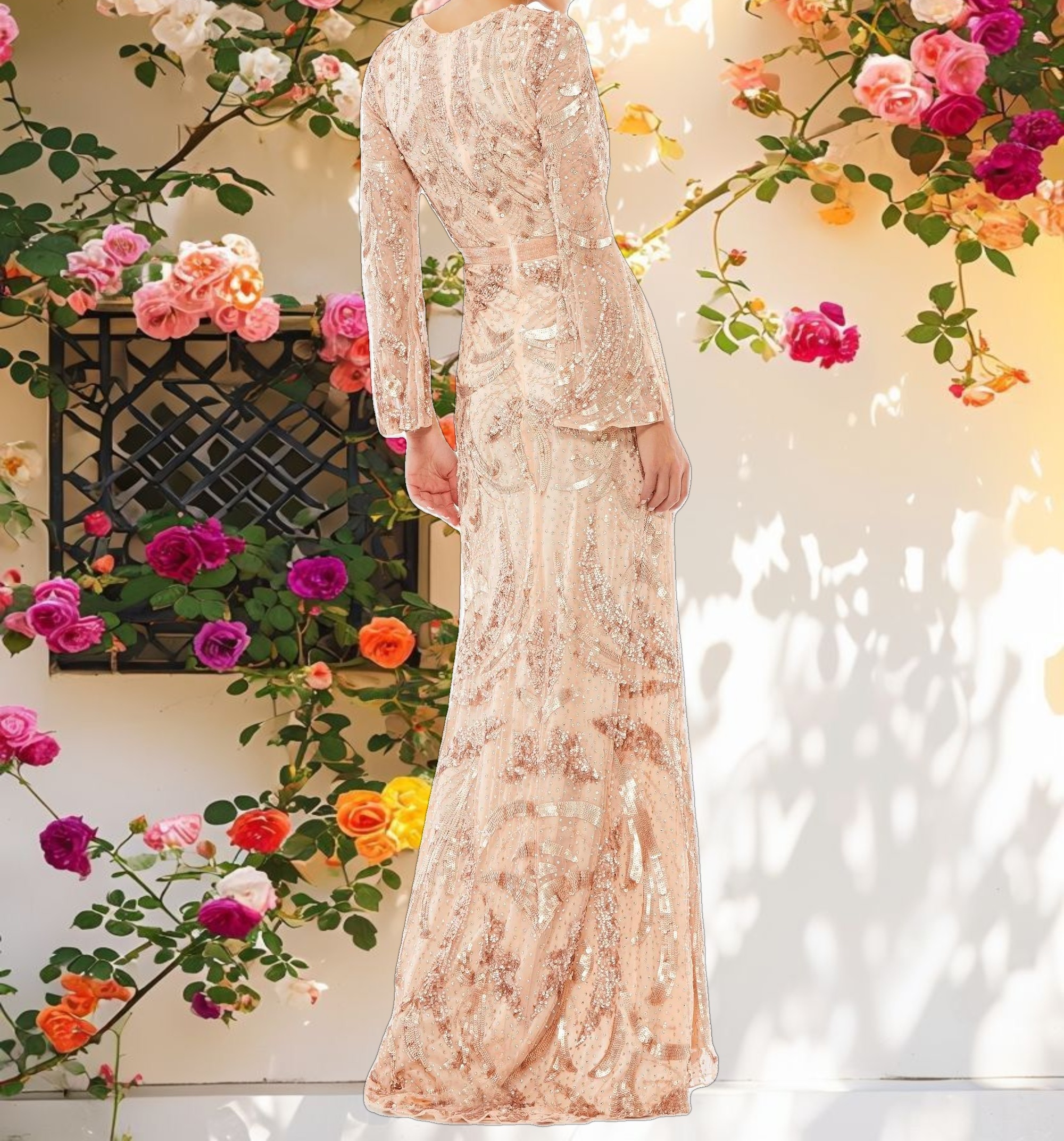 Pink Sequined Faux Wrap Split Long Sleeve Gown