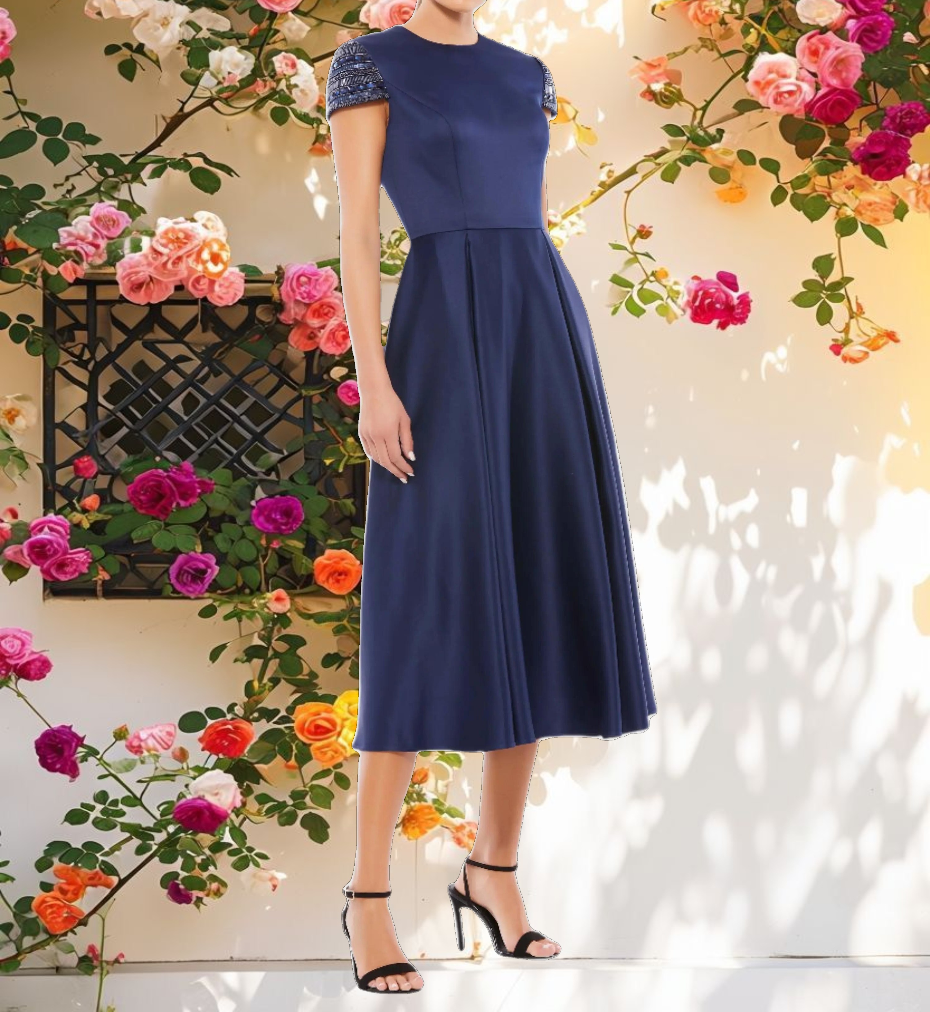 Navy High Neck Cap Sleeve Tea Length Dress
