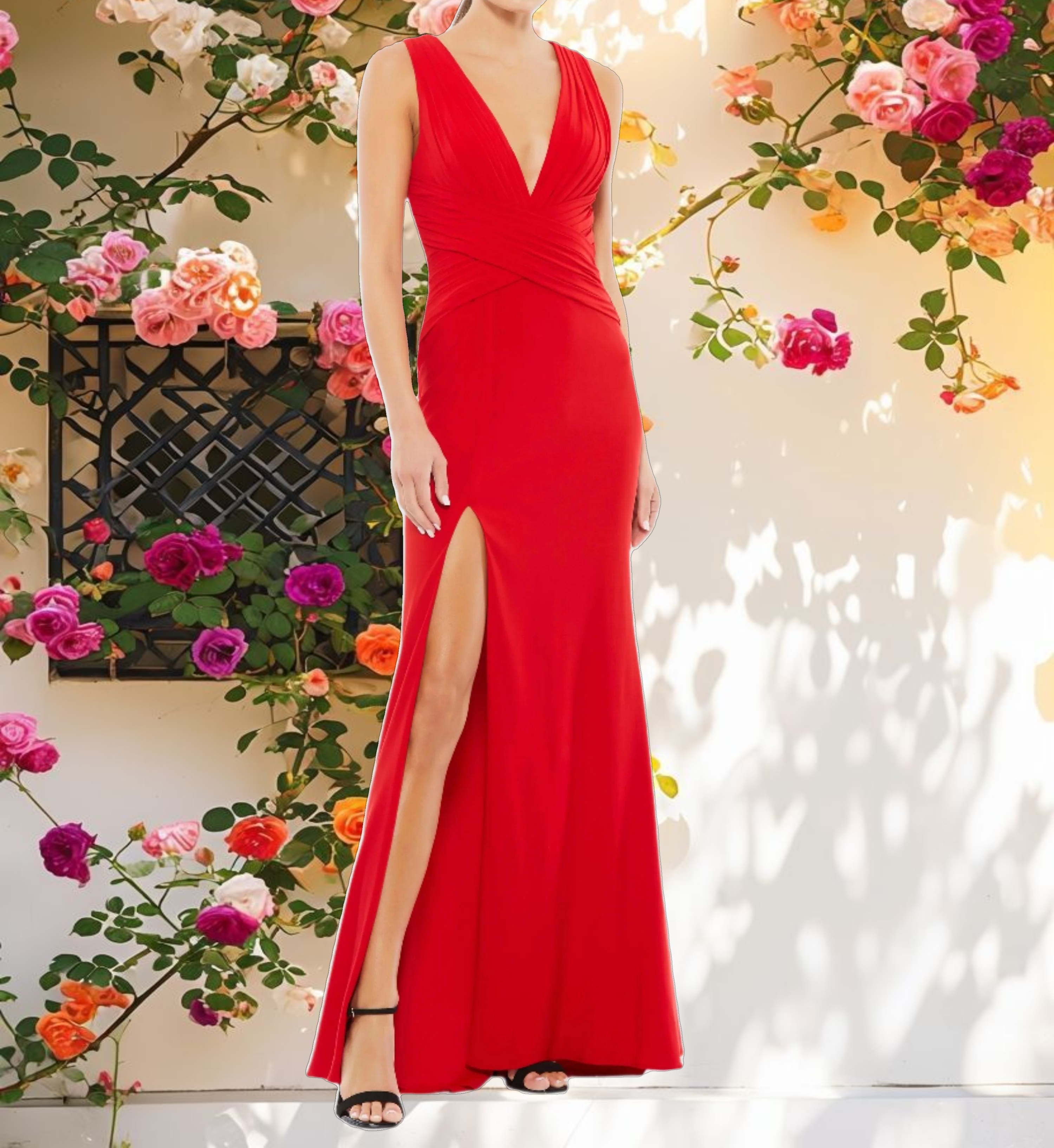 Red Pleated Bodice Jersey Column Gown