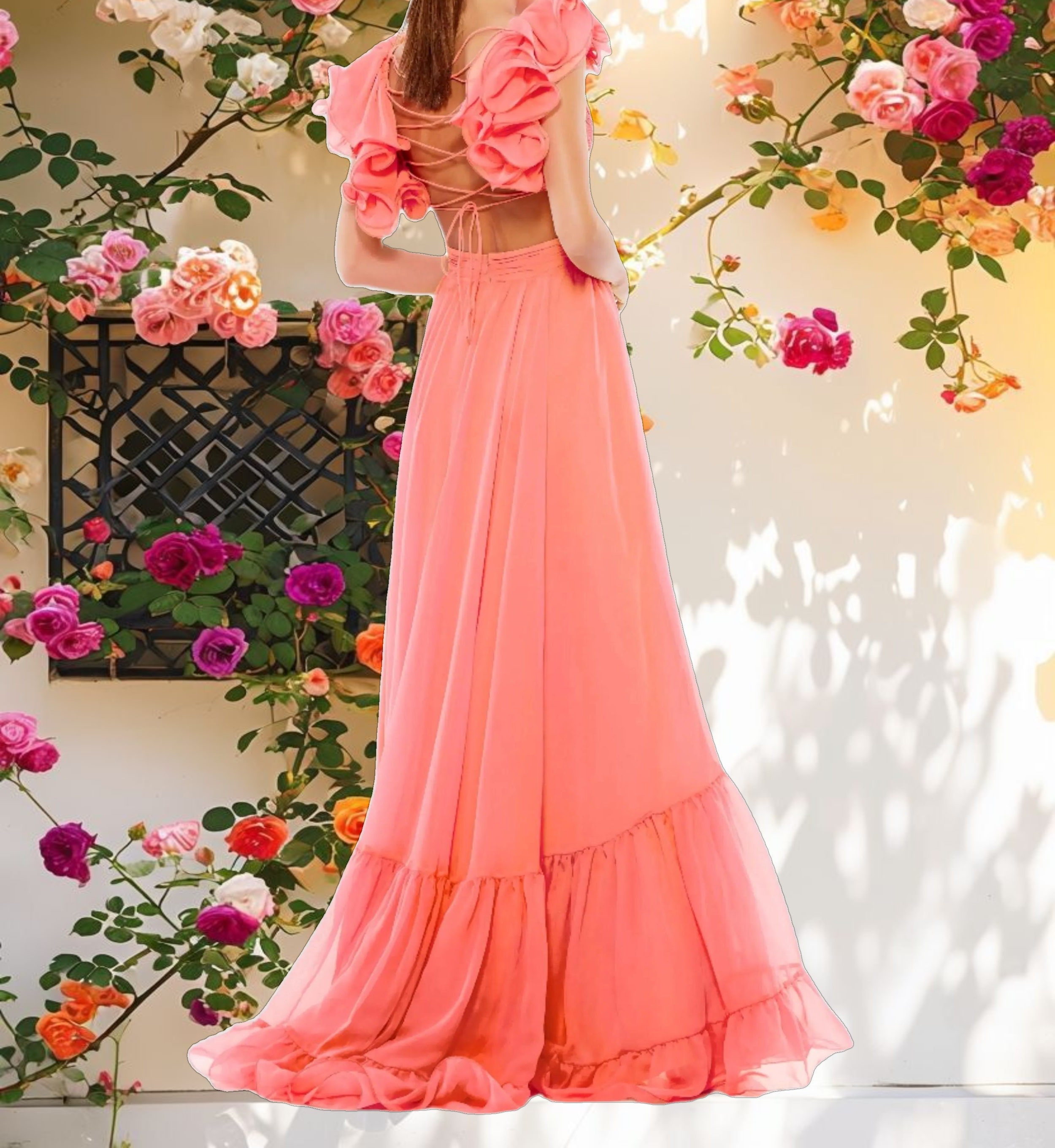 Ruffle Tiered Cut Out Chiffon Gown