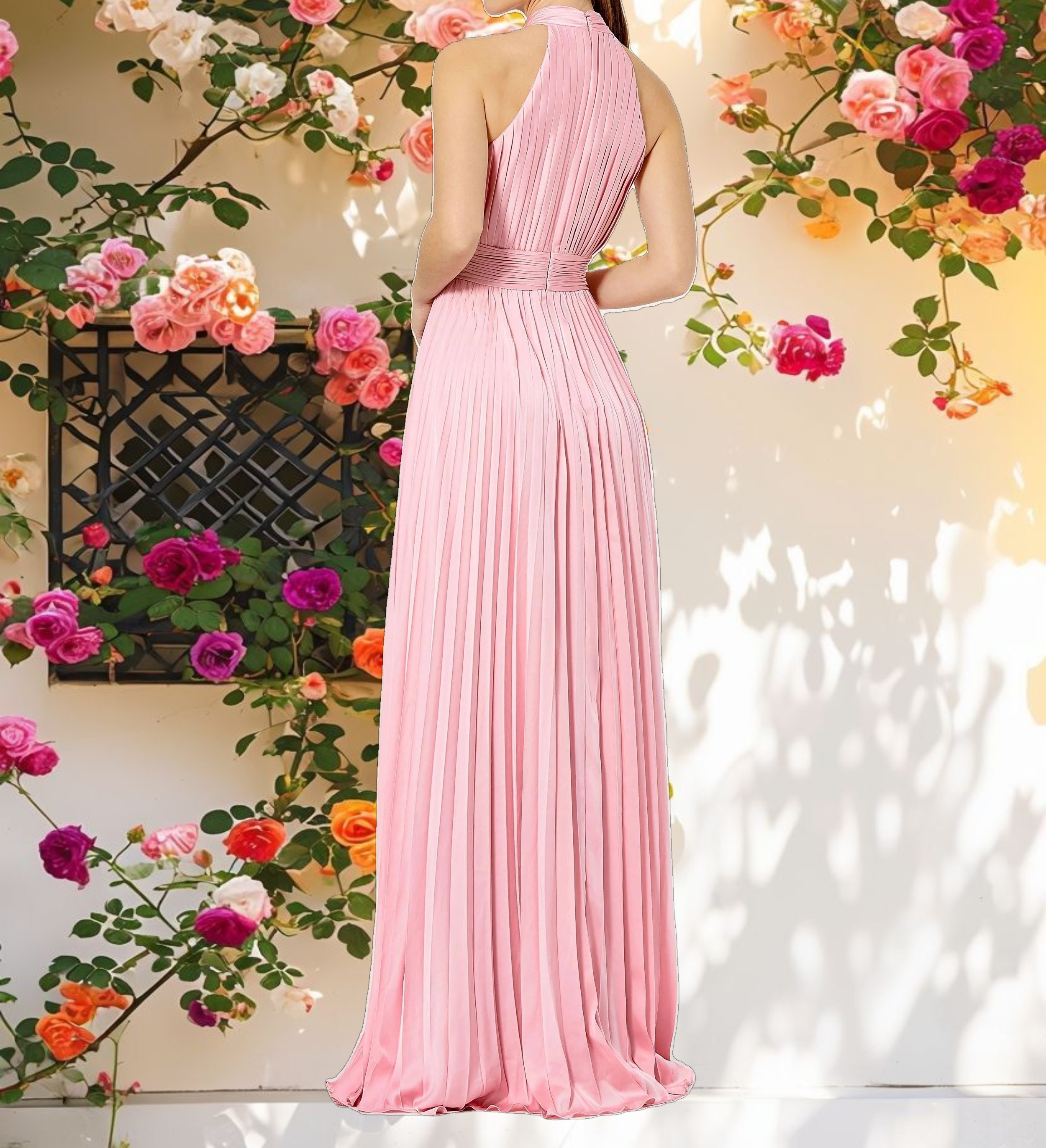 Pleated High Neck Satin Sleeveless Halter Gown