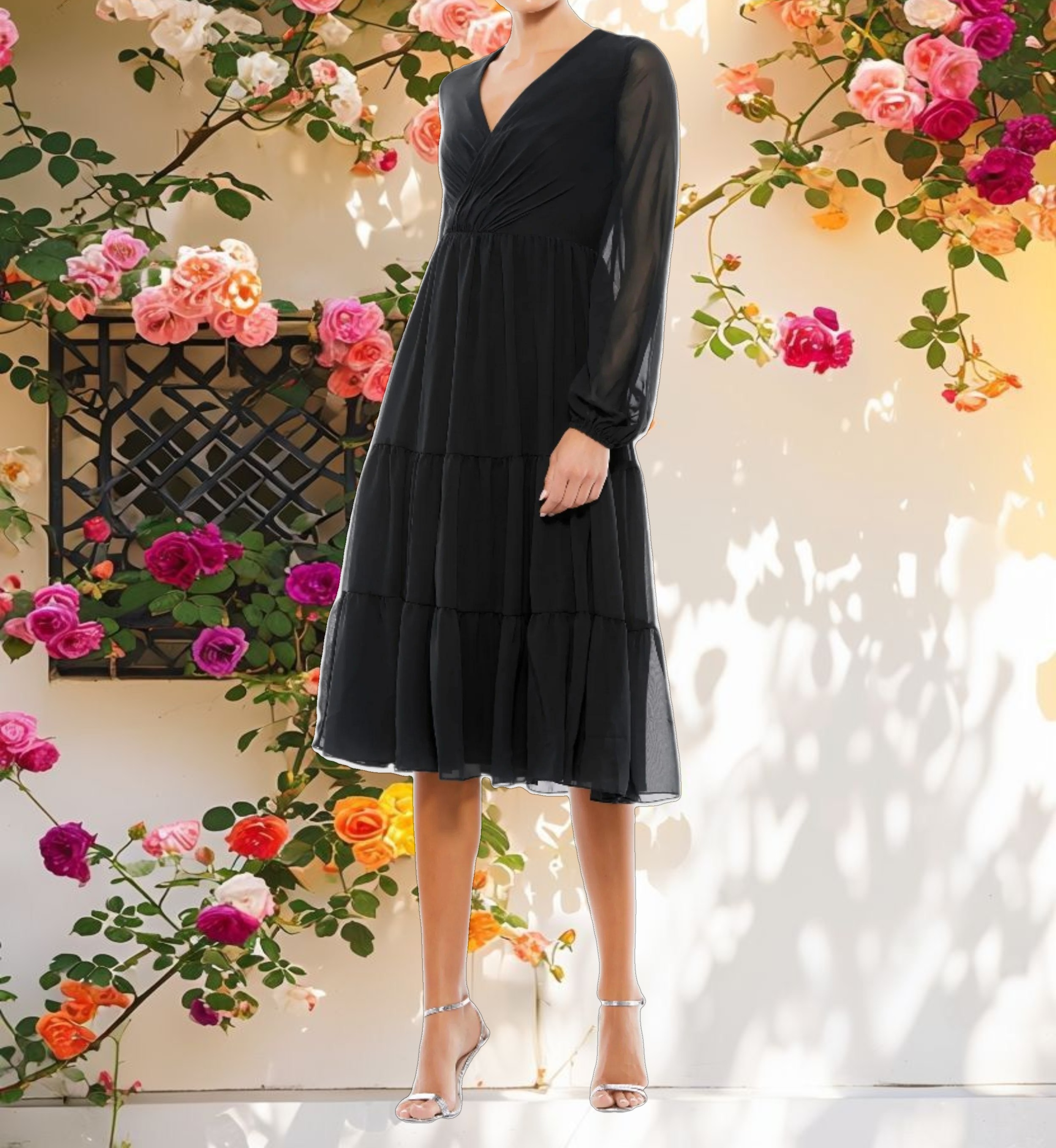 Ruched V Neck Tiered Midi Dress