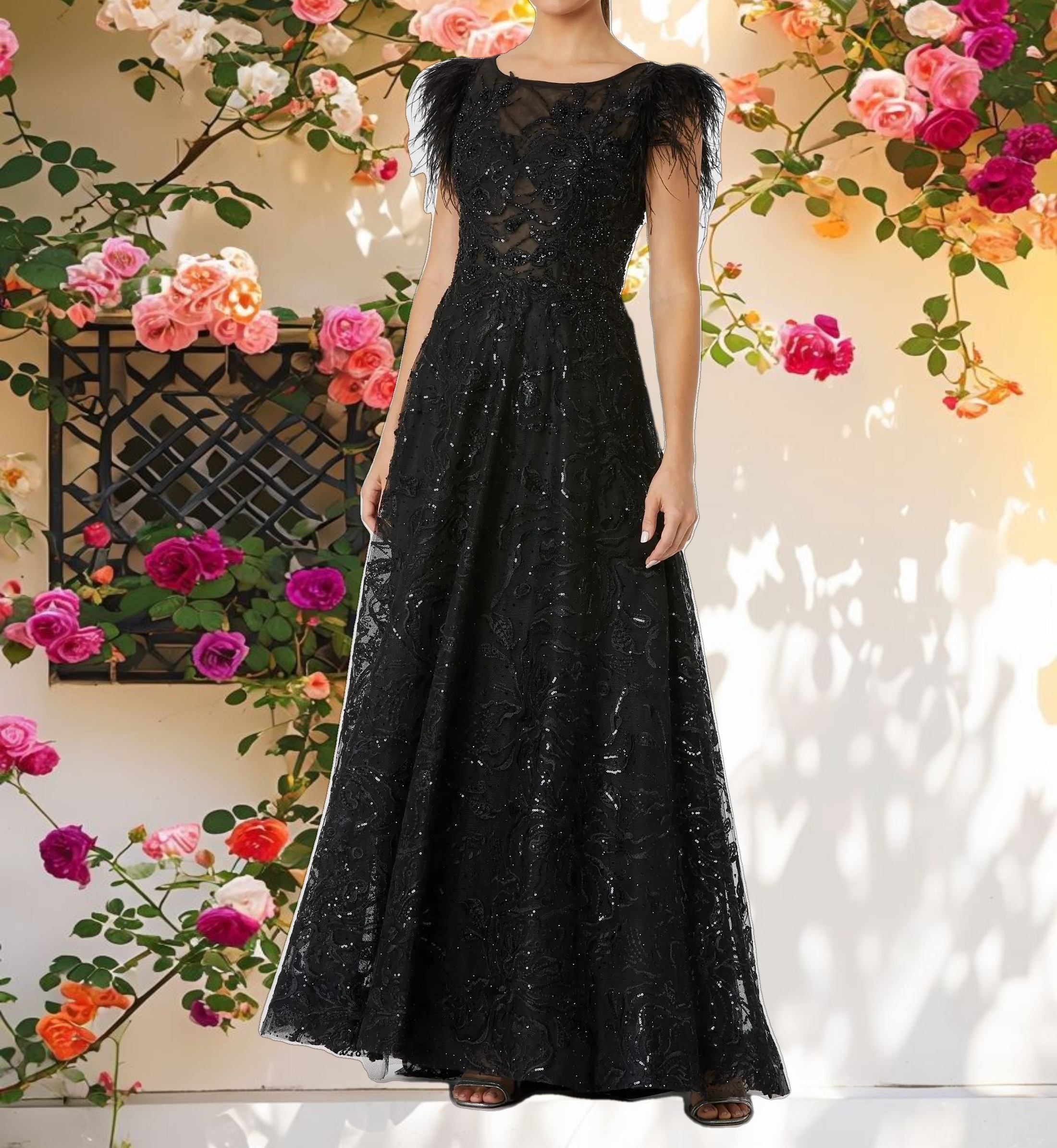 Feather Cap Sleeve Bateau A Line Gown