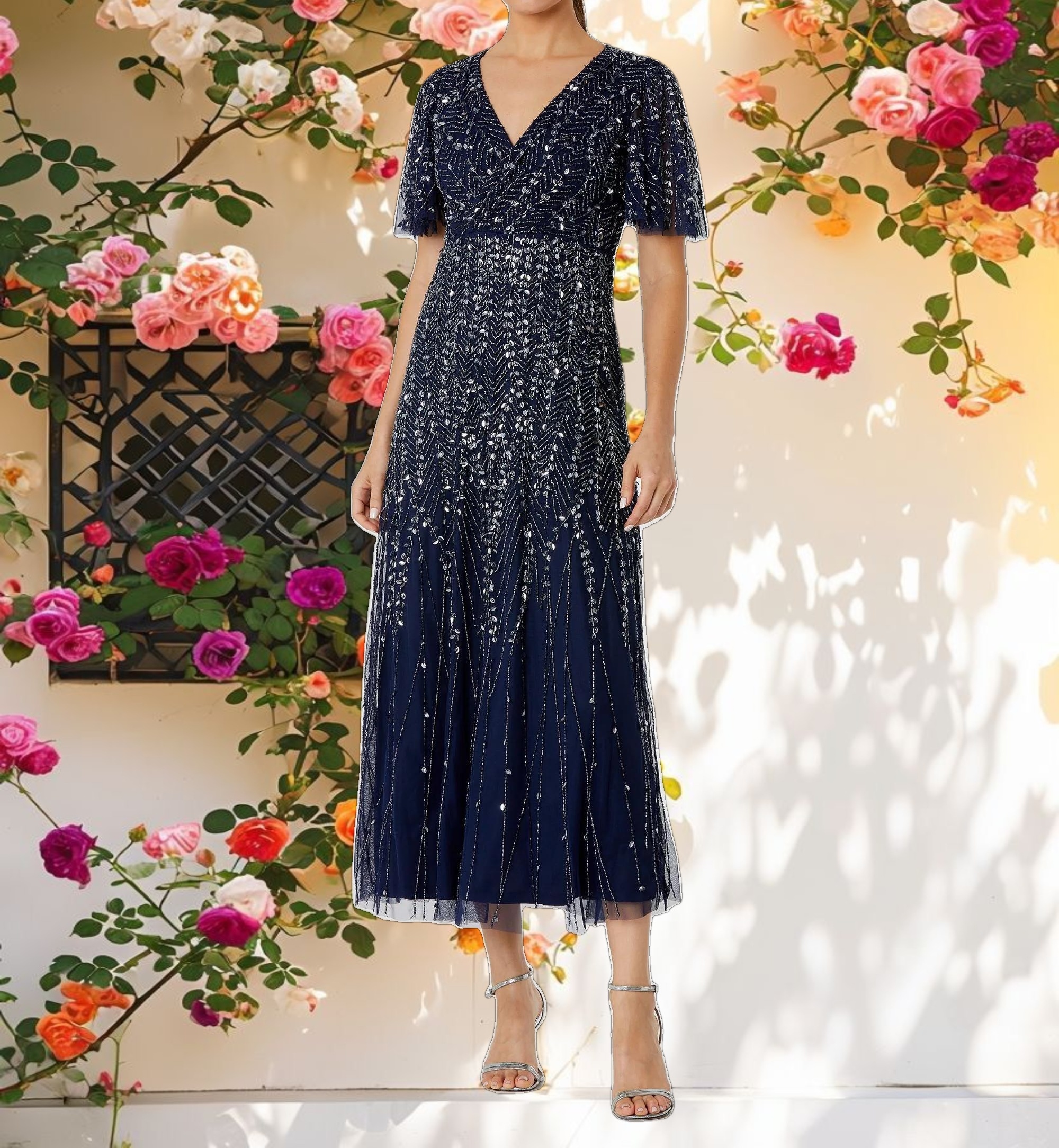 Beaded Wrap Over Butterfly Sleeve Column Dress