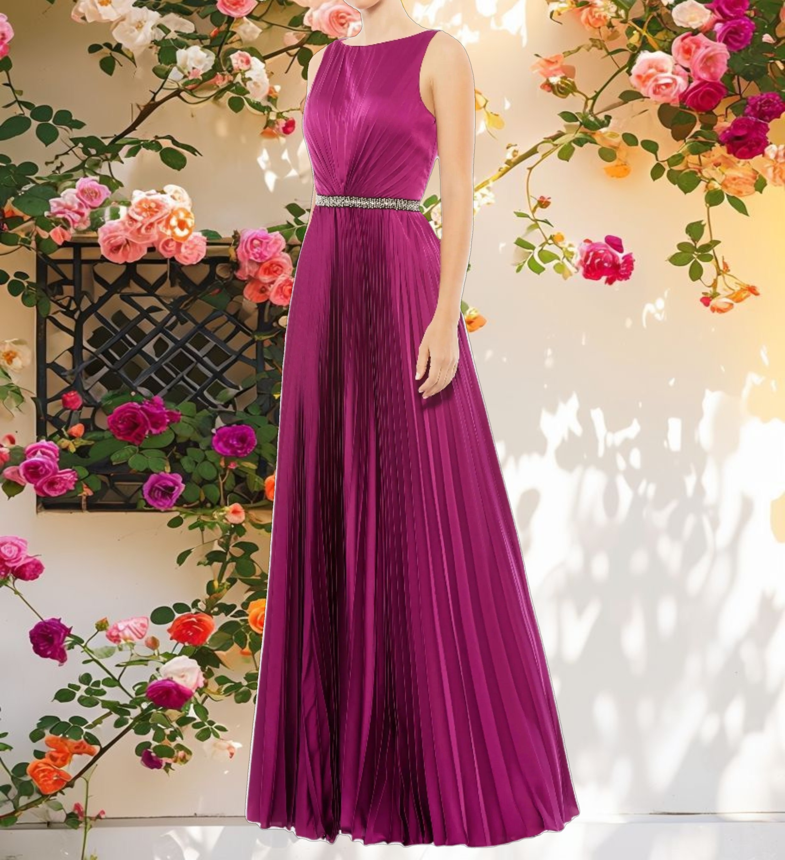 Pleated Sleeveless Bateau Gown