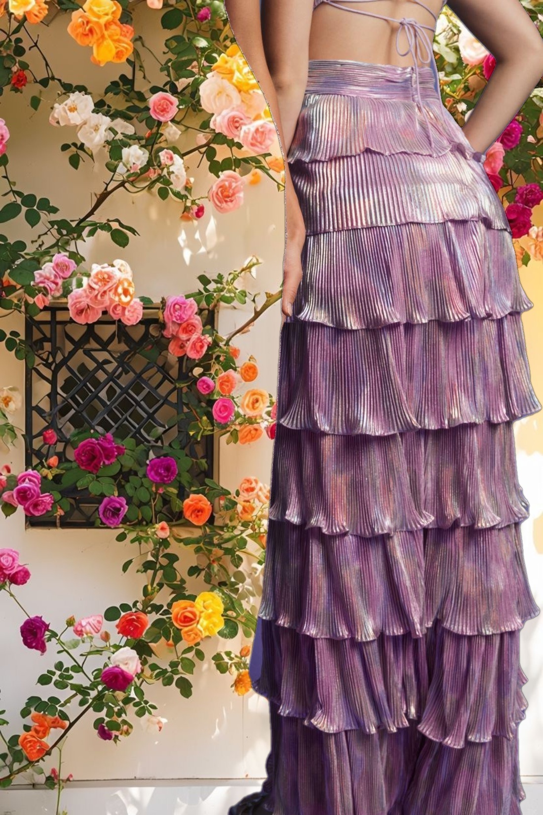 Purple Ruffle Tiered Criss Cross Lace Up Gown