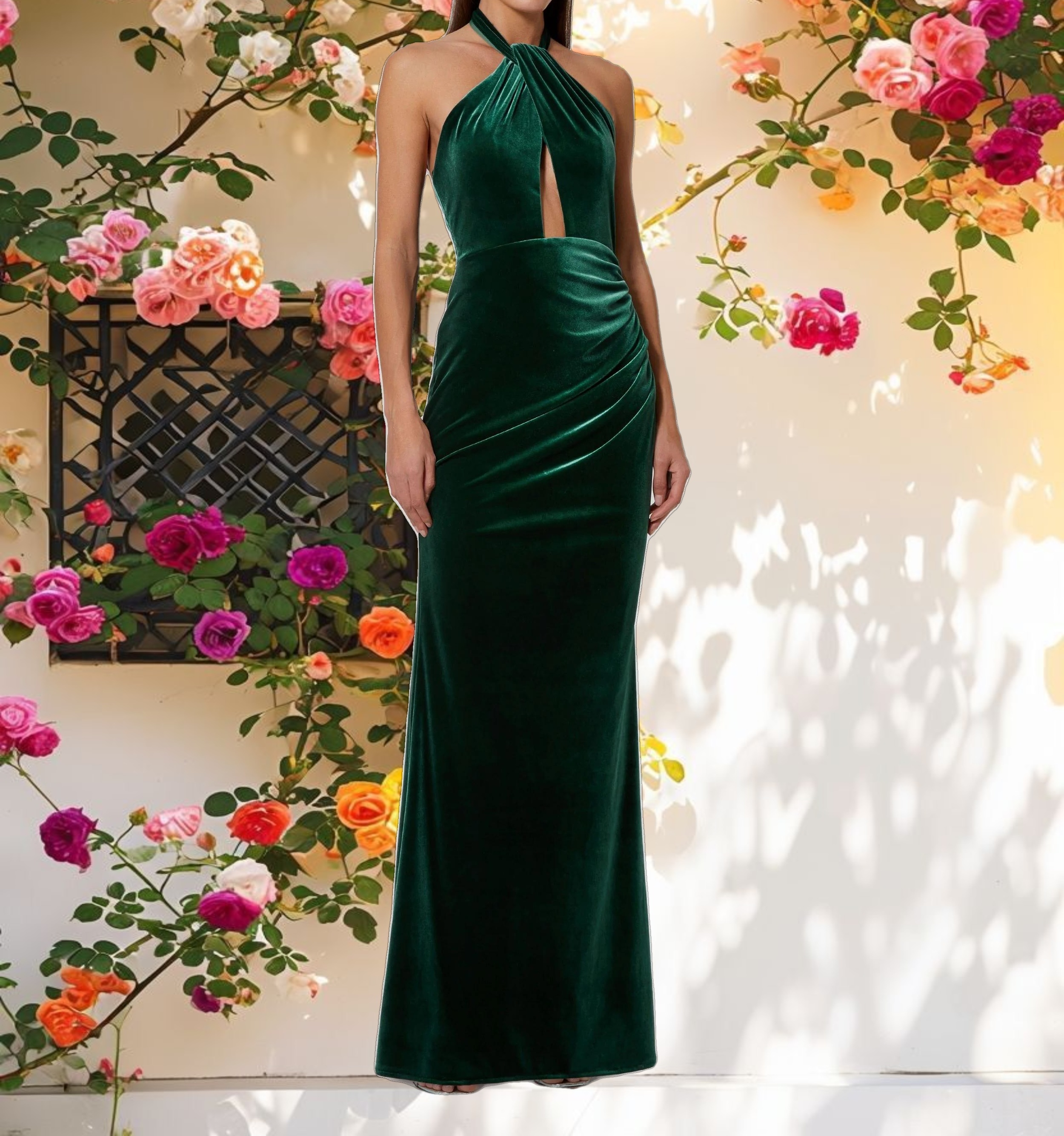 Green Twist Neck Open Front Velvet Draped Gown