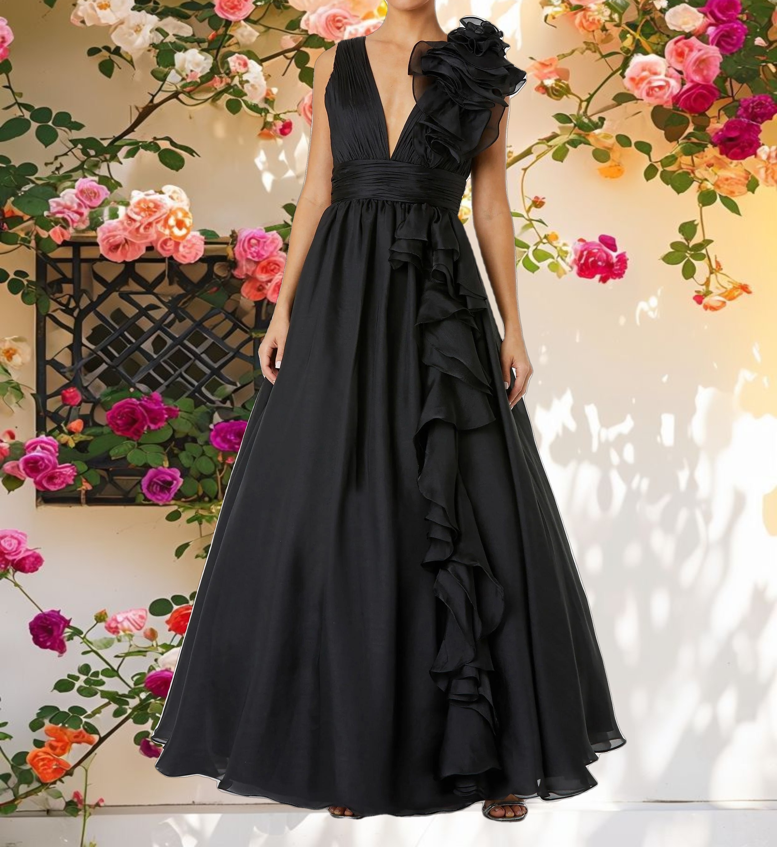 Black Ruffle Shoulder V-Neck Chiffon Gown