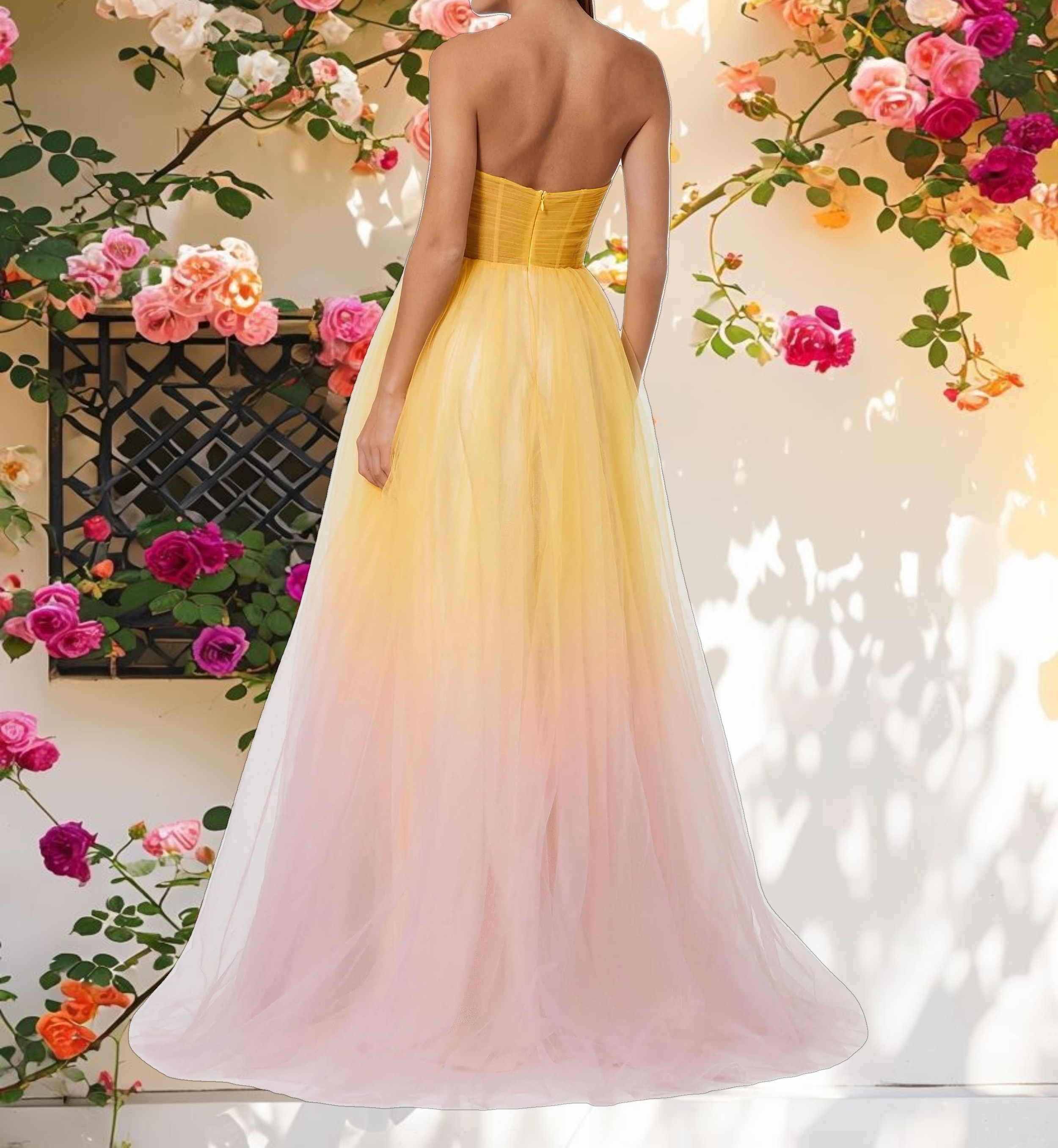 Multicolored Strapless Heart Ombre Tulle Evening Dress
