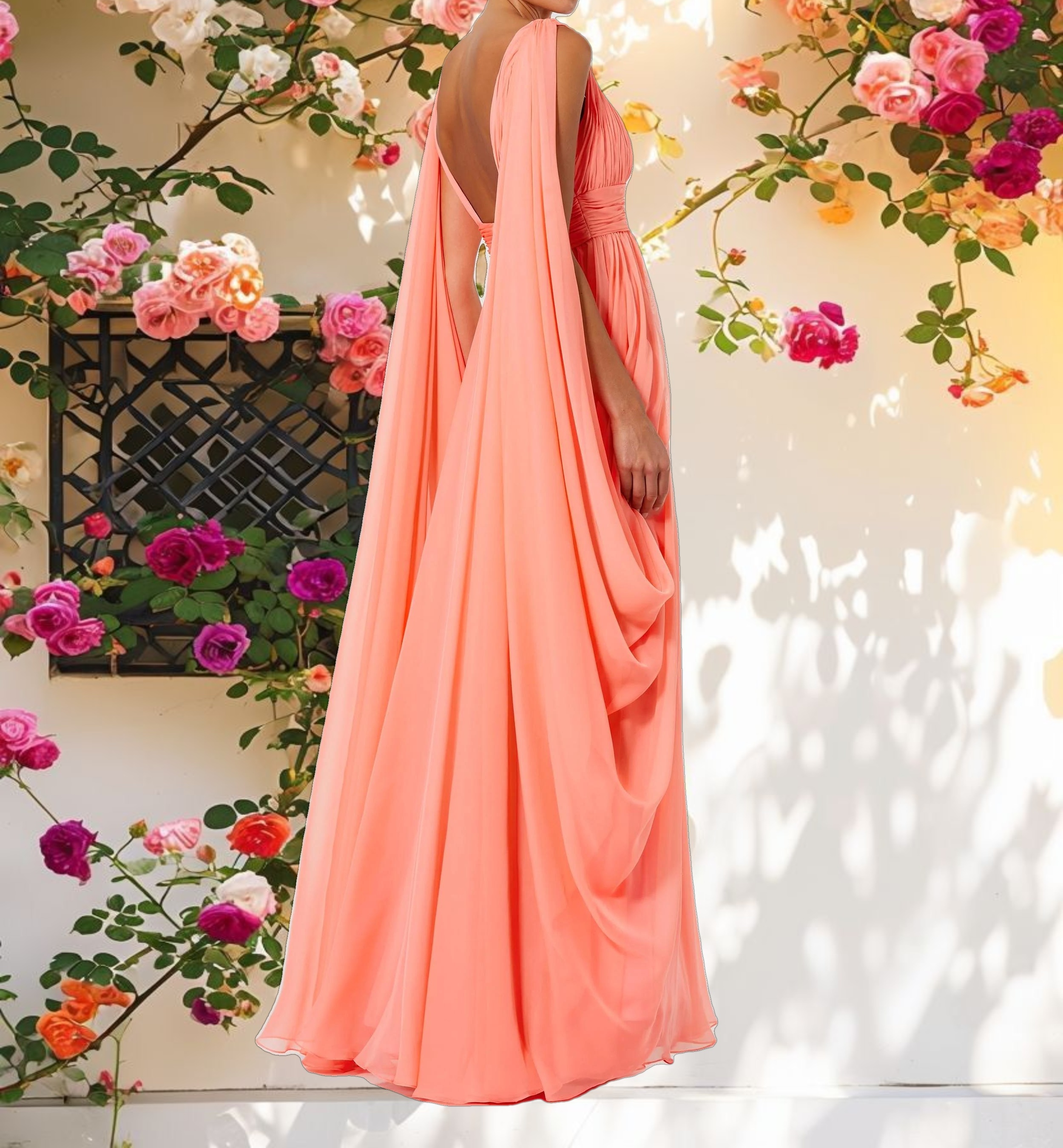 Pink V Neck Chiffon Evening Dress With Draping Details