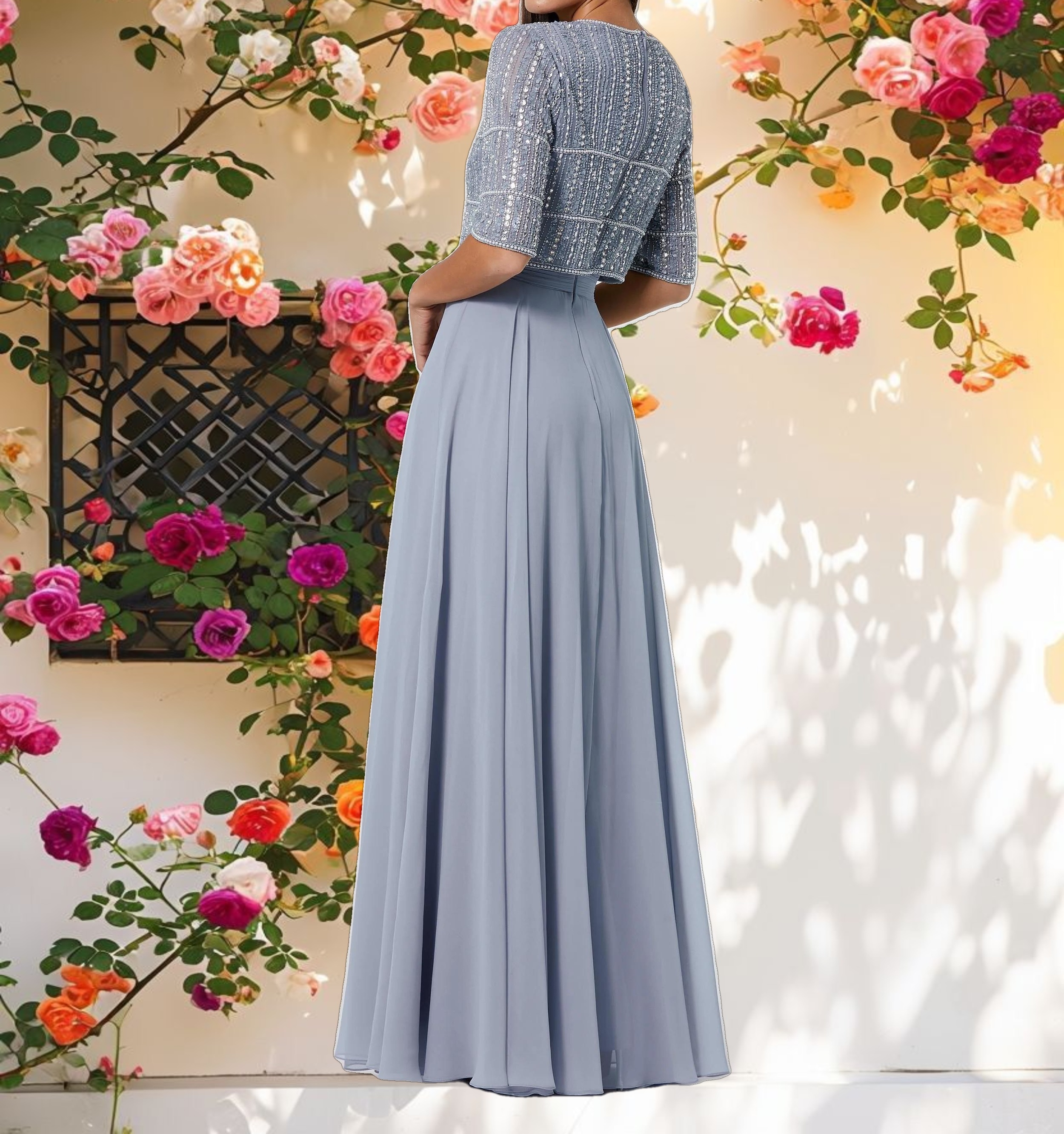 Pink Tulle Dress w/ Fully Beaded 3/4 Sleeve Top