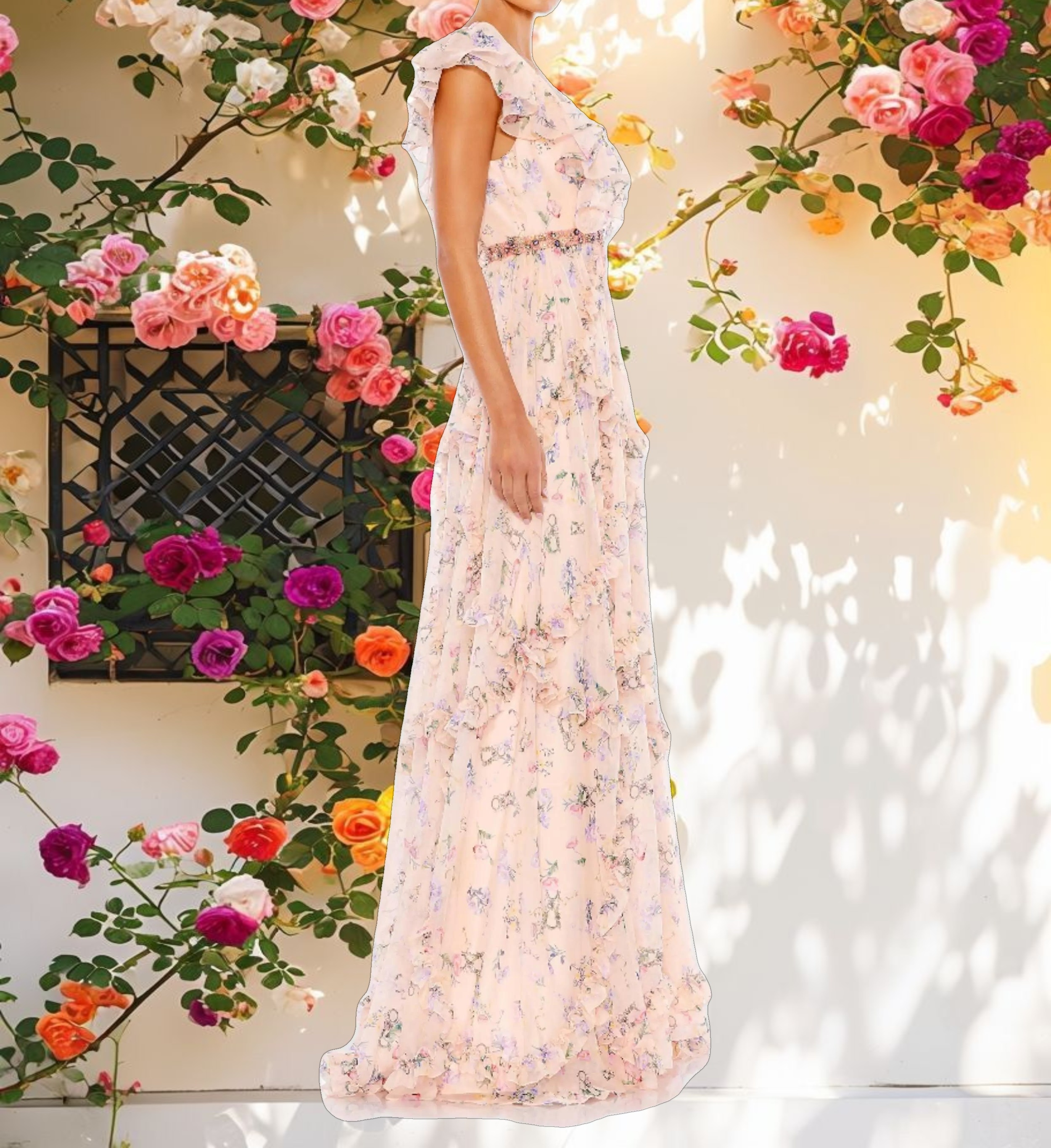 Multicolor Ruffled Floral Print Cap Sleeve Gown