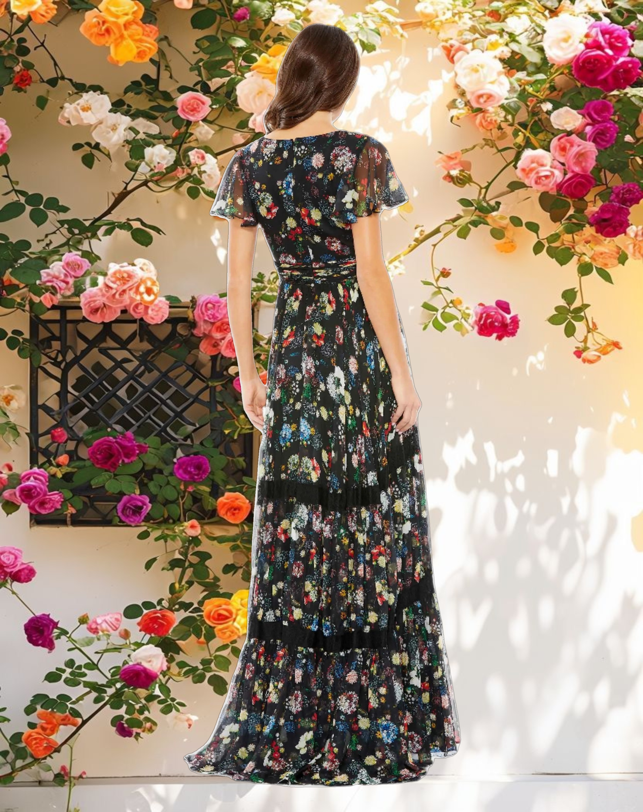 Black Floral Print Pleated Wrap Over Butterfly Sleeve Maxi Dress