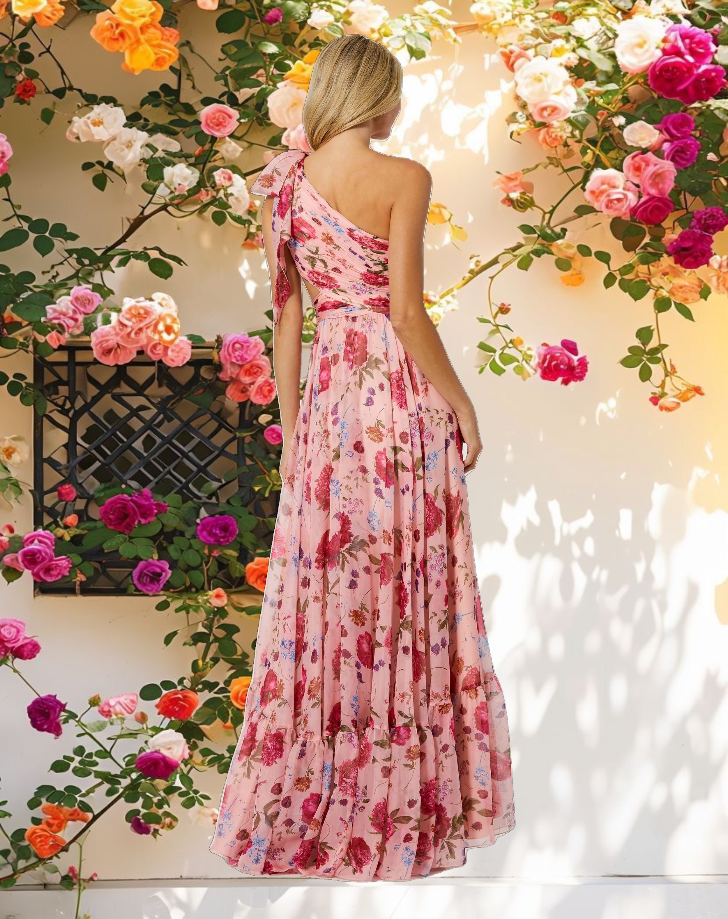 Pink Side Cut Out One Shoulder Gown