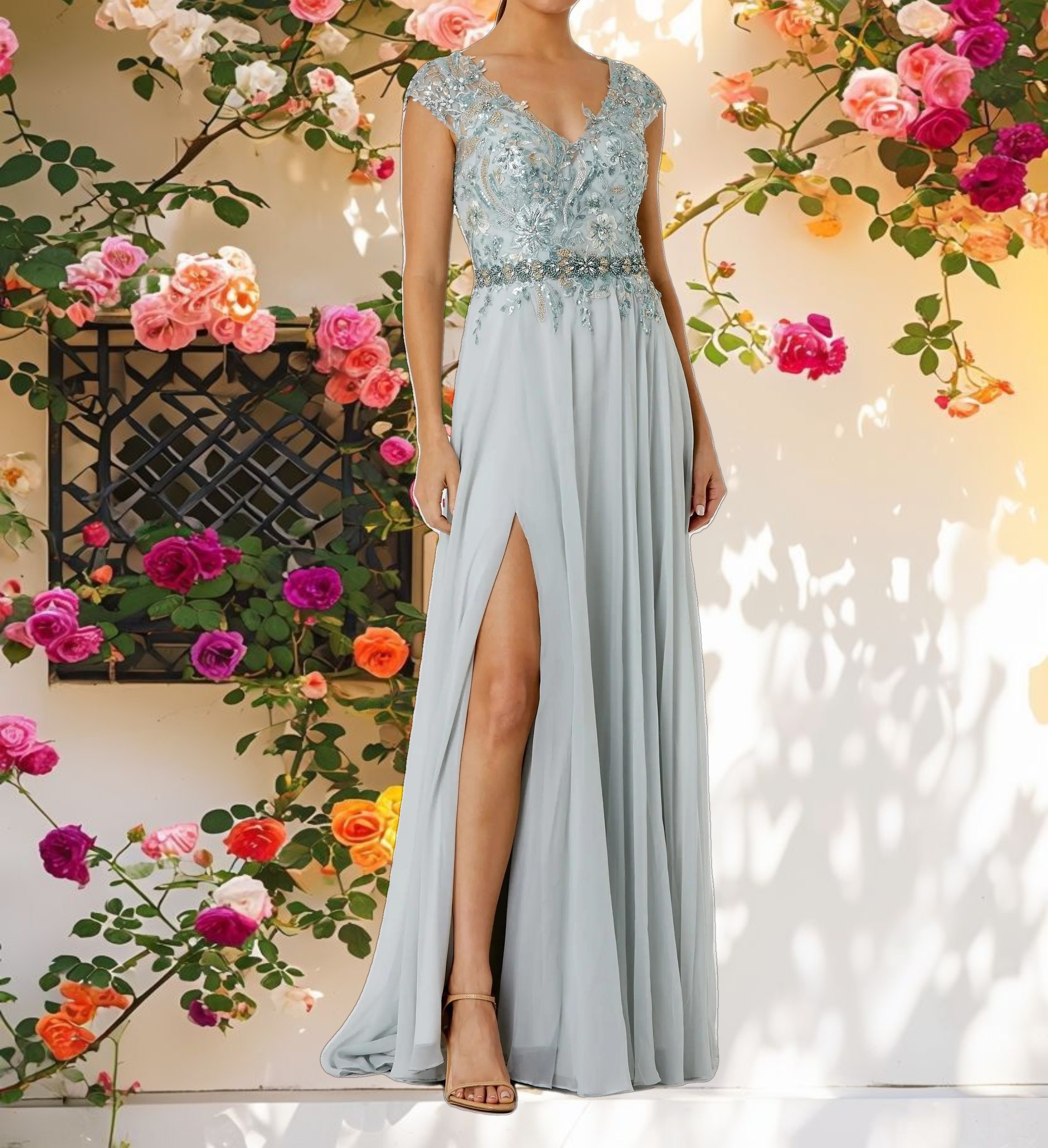 Flowy Embellished Cap Sleeve Bodice