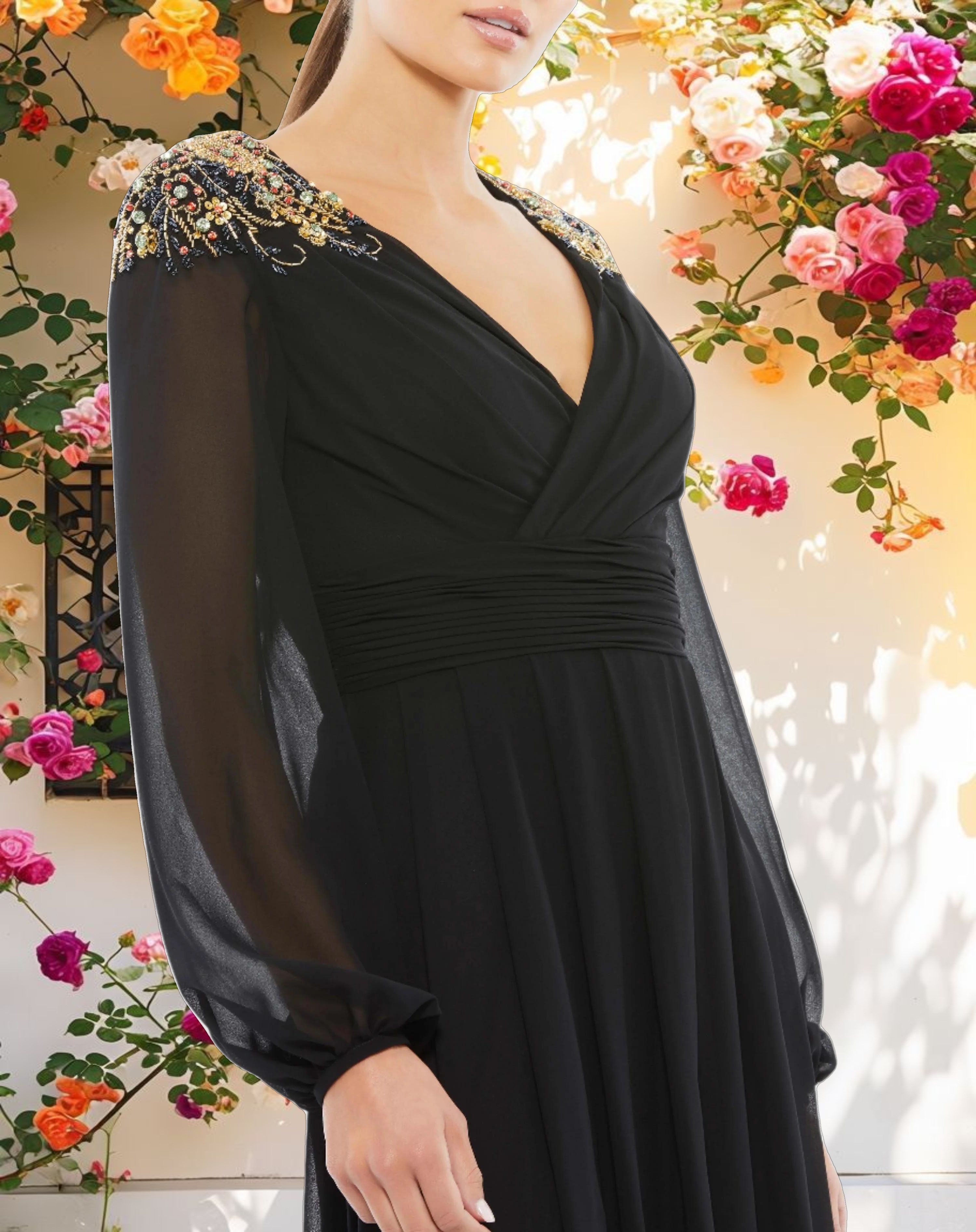 Black Embellished Shoulder Blouson Sleeve Evening Gown