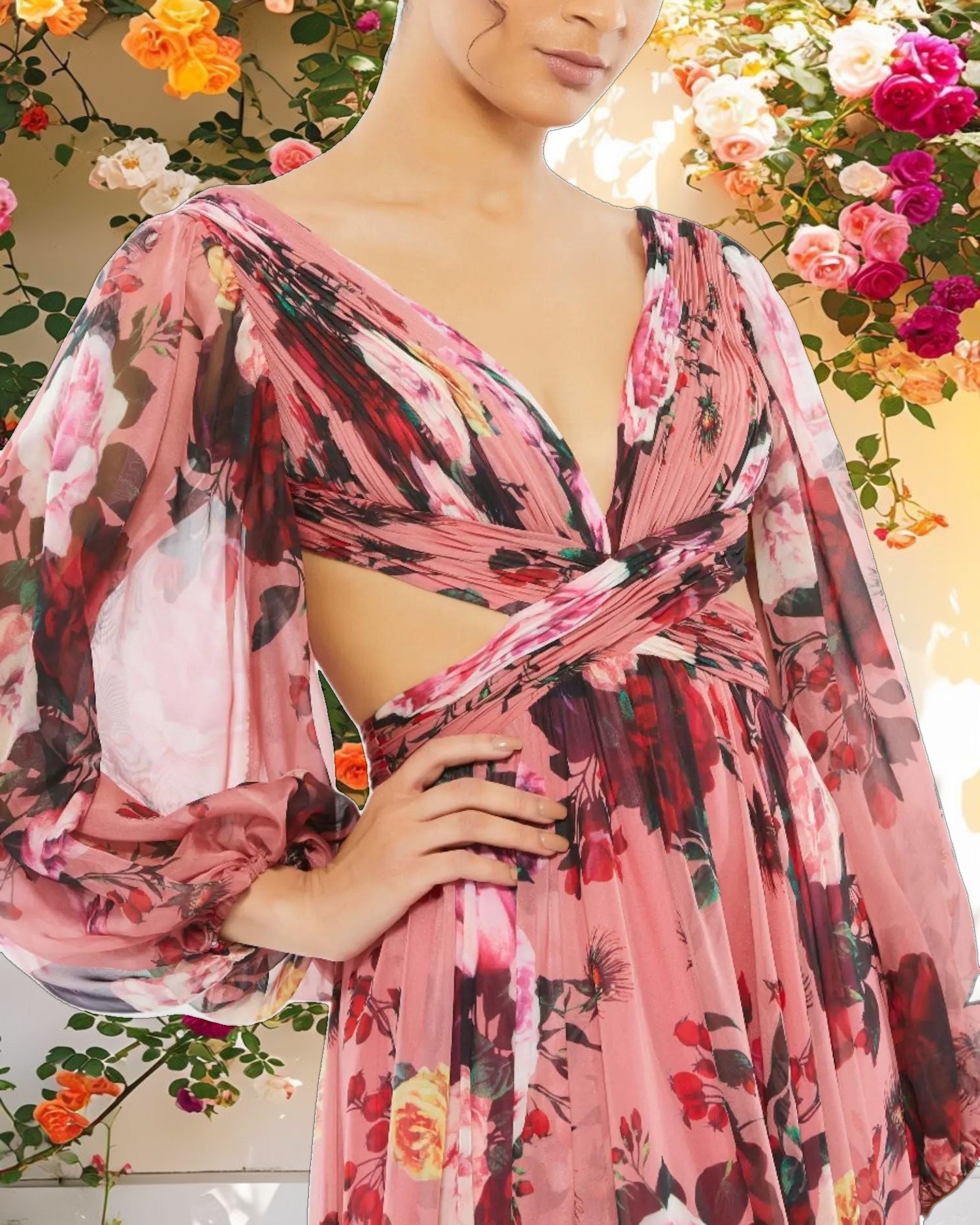 Pink Floral Cutout Open Back Blouson Sleeve Dress
