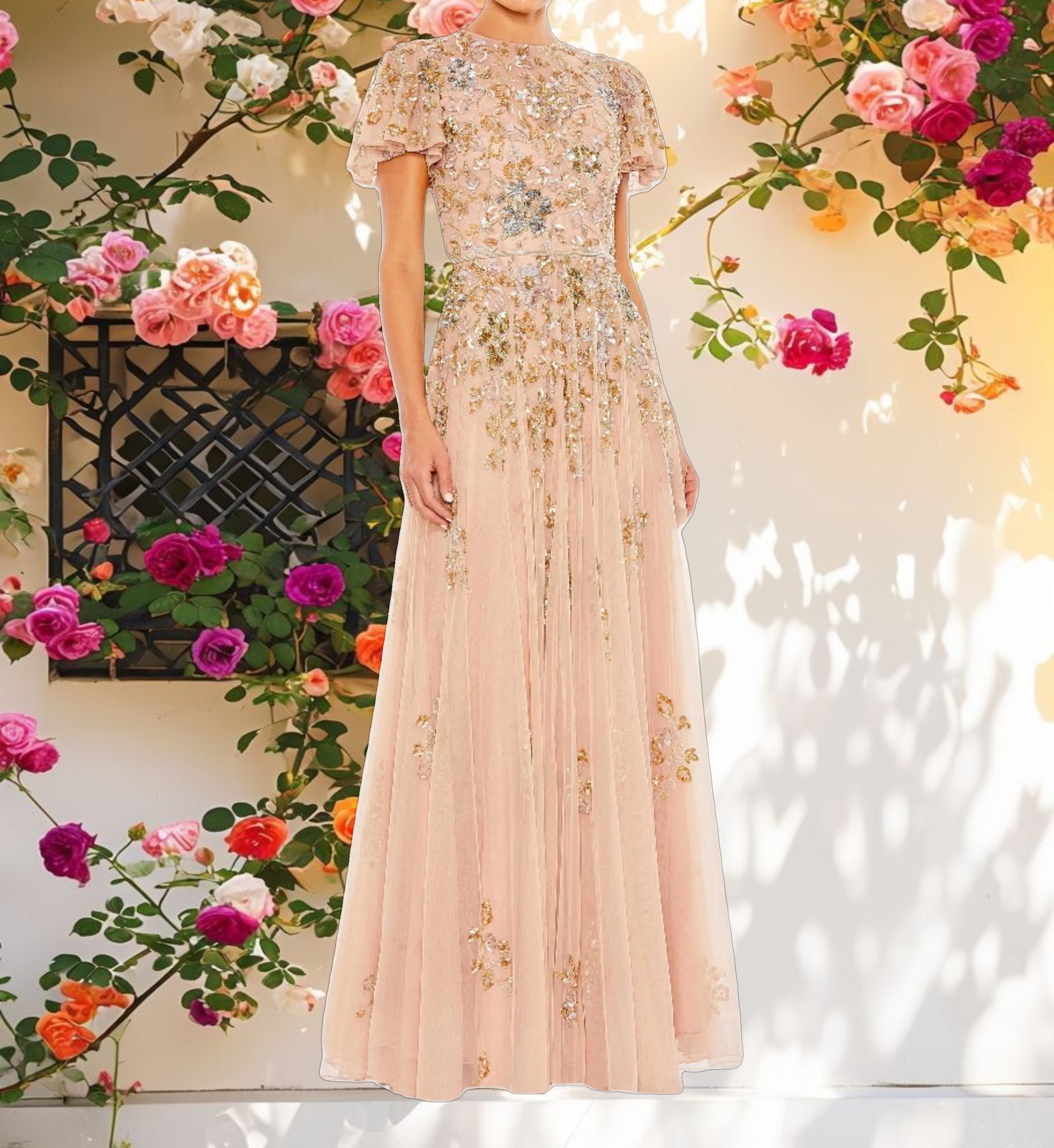 Pink Decorated Butterfly Sleeve High Neck Dress