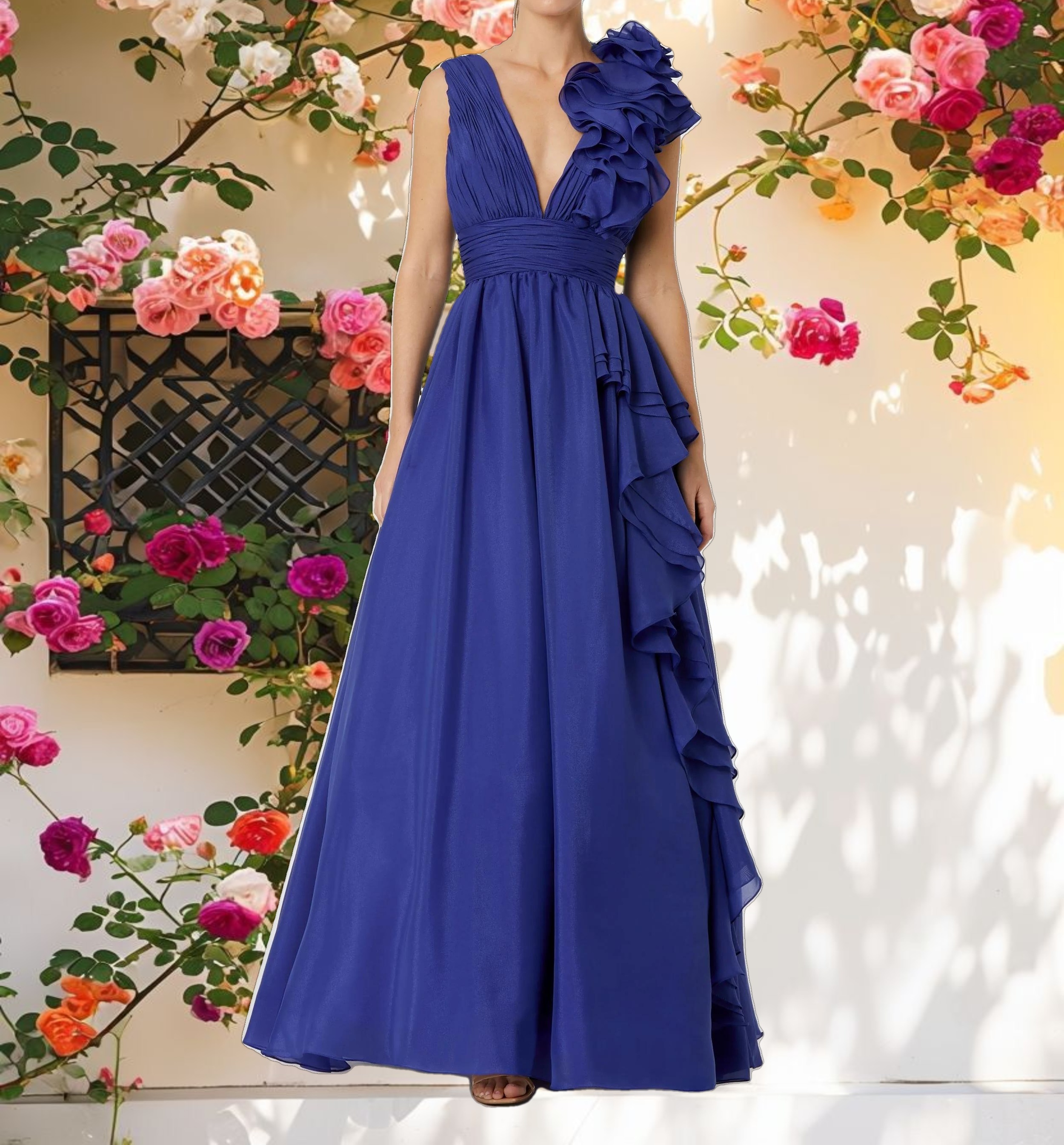 Ruffle Shoulder V-Neck Chiffon Gown
