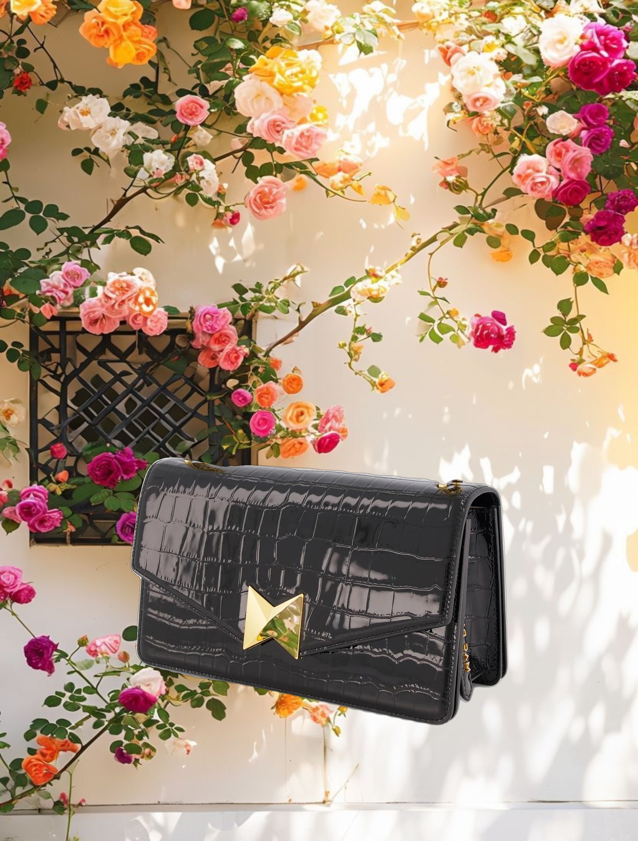 Black Crocodile Leather Shoulder Bag With Gold Hardware