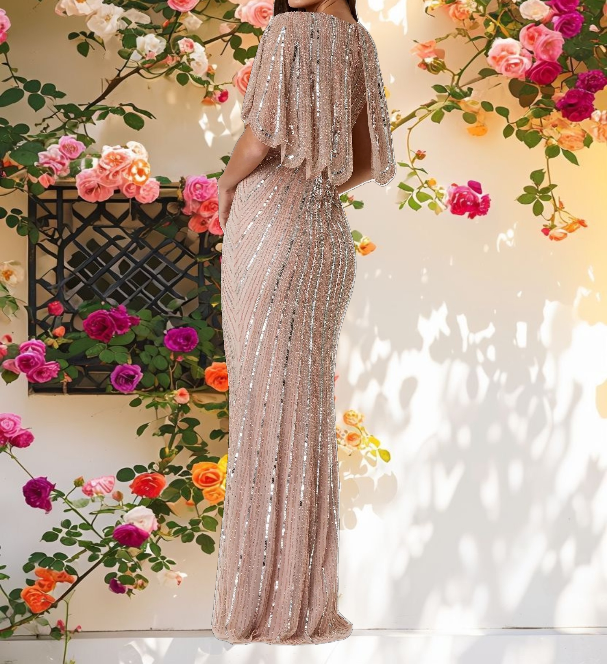 Sequined V Neck Cape Sleeve Gown