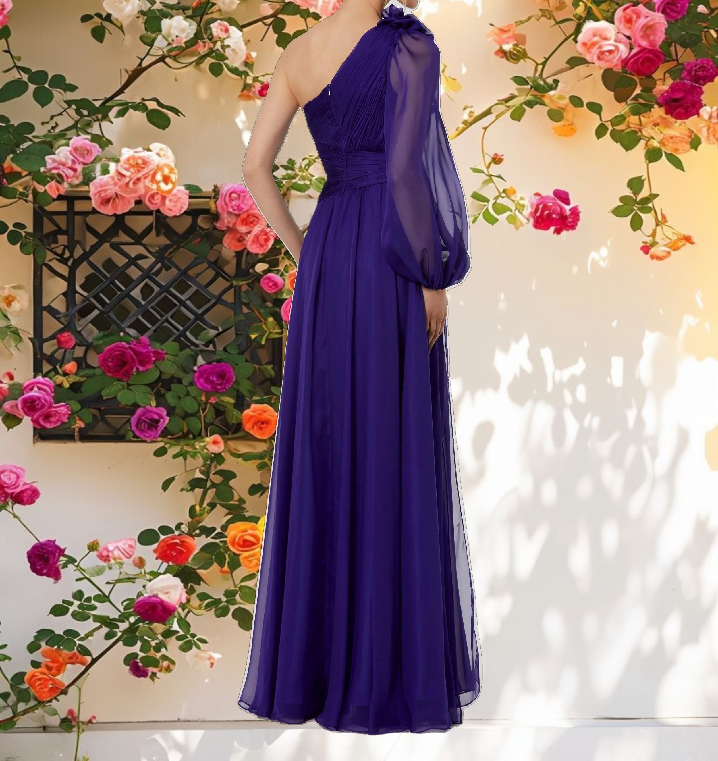 One Sleeve Ruched Chiffon Gown