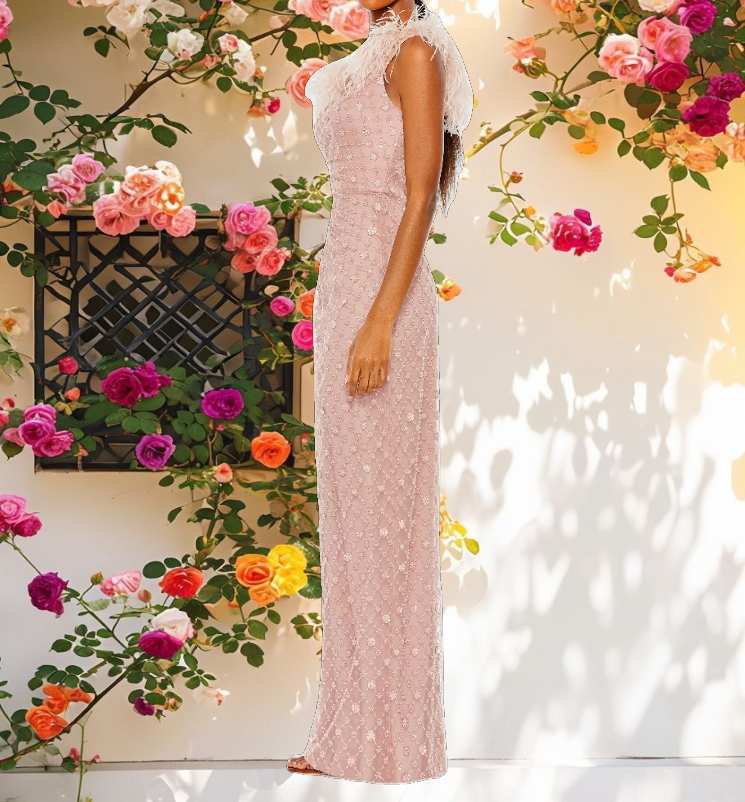 Pink Embellished One Shoulder Gown w/ Ostrich Feathers