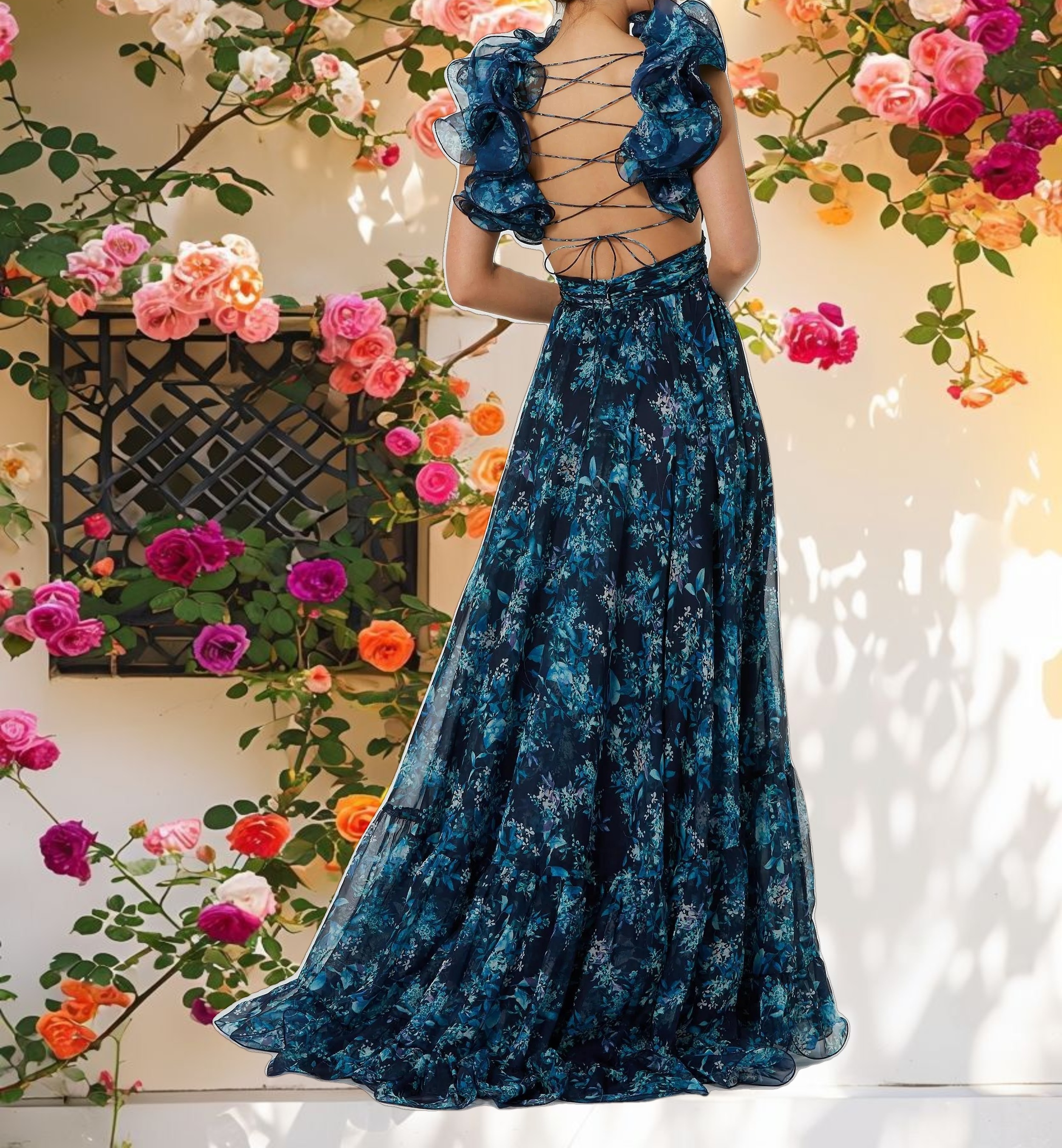 Navy Tiered Floral Cut Out Chiffon Gown
