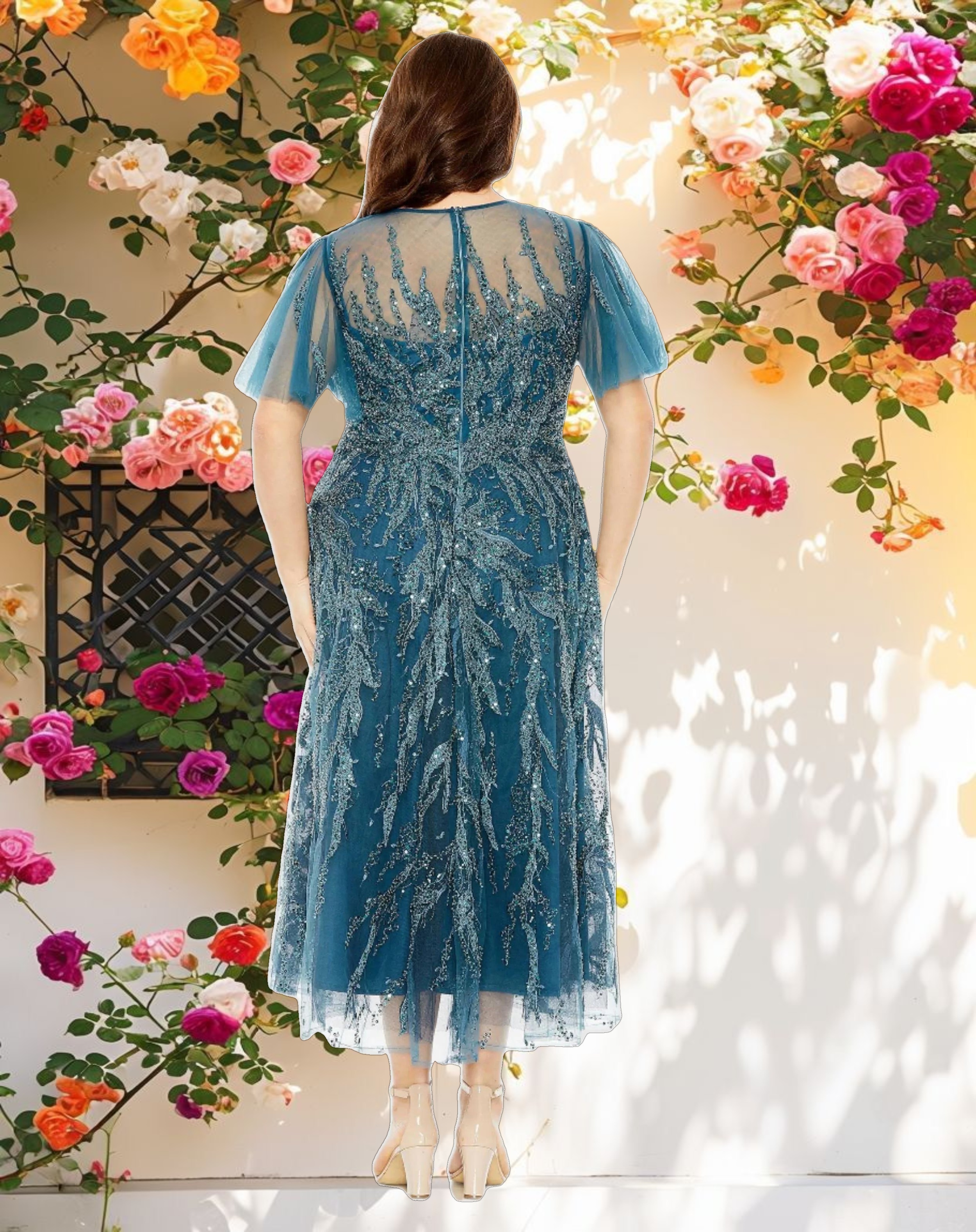 Blue High Neck Flutter Sleeve Embellished A Line Dress