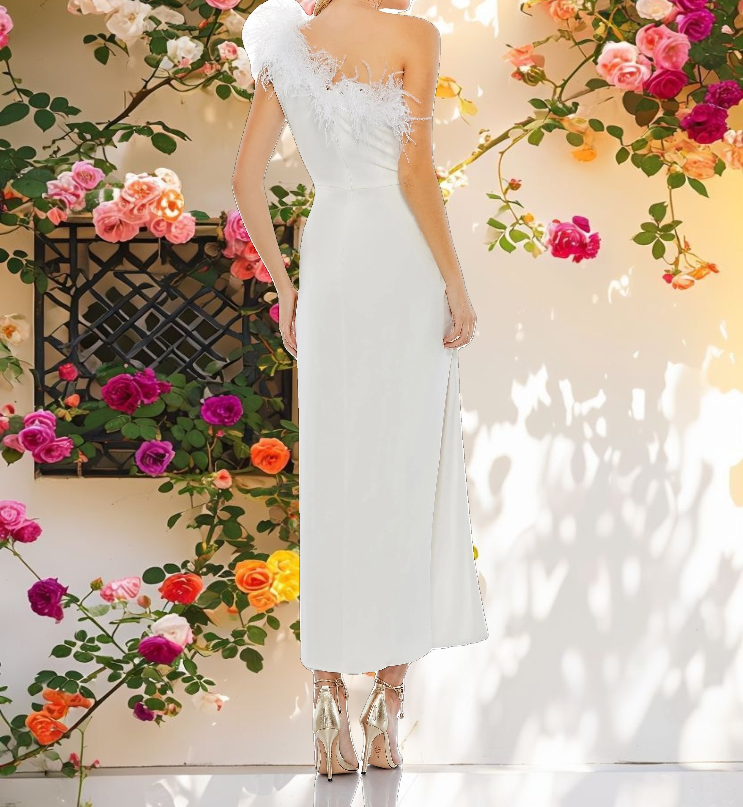 White Feather Trim One Shoulder Draped Dress