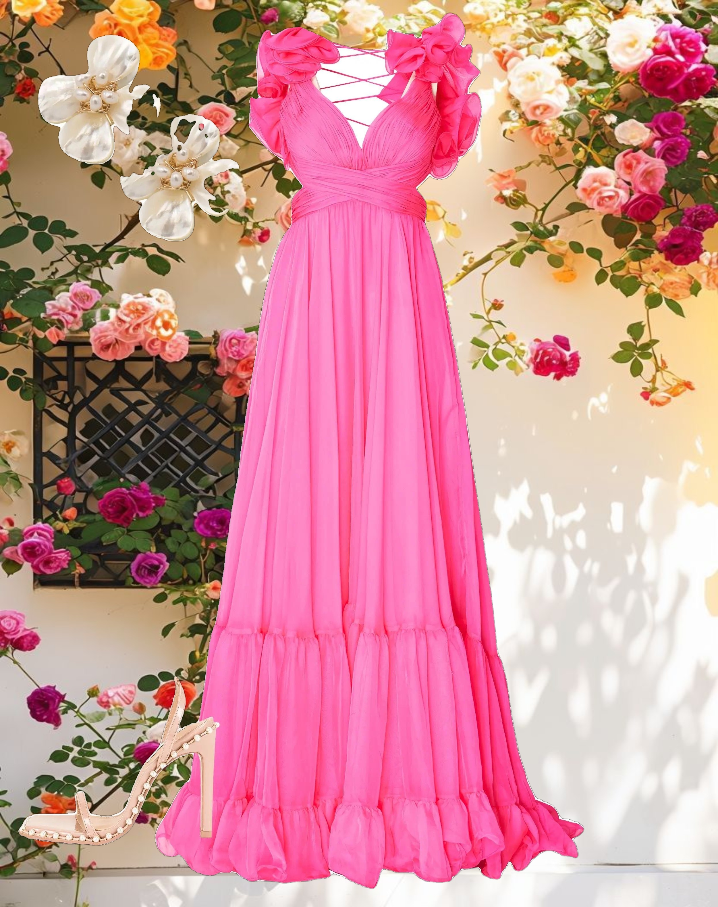 Ruffle Tiered Cut Out Chiffon Gown