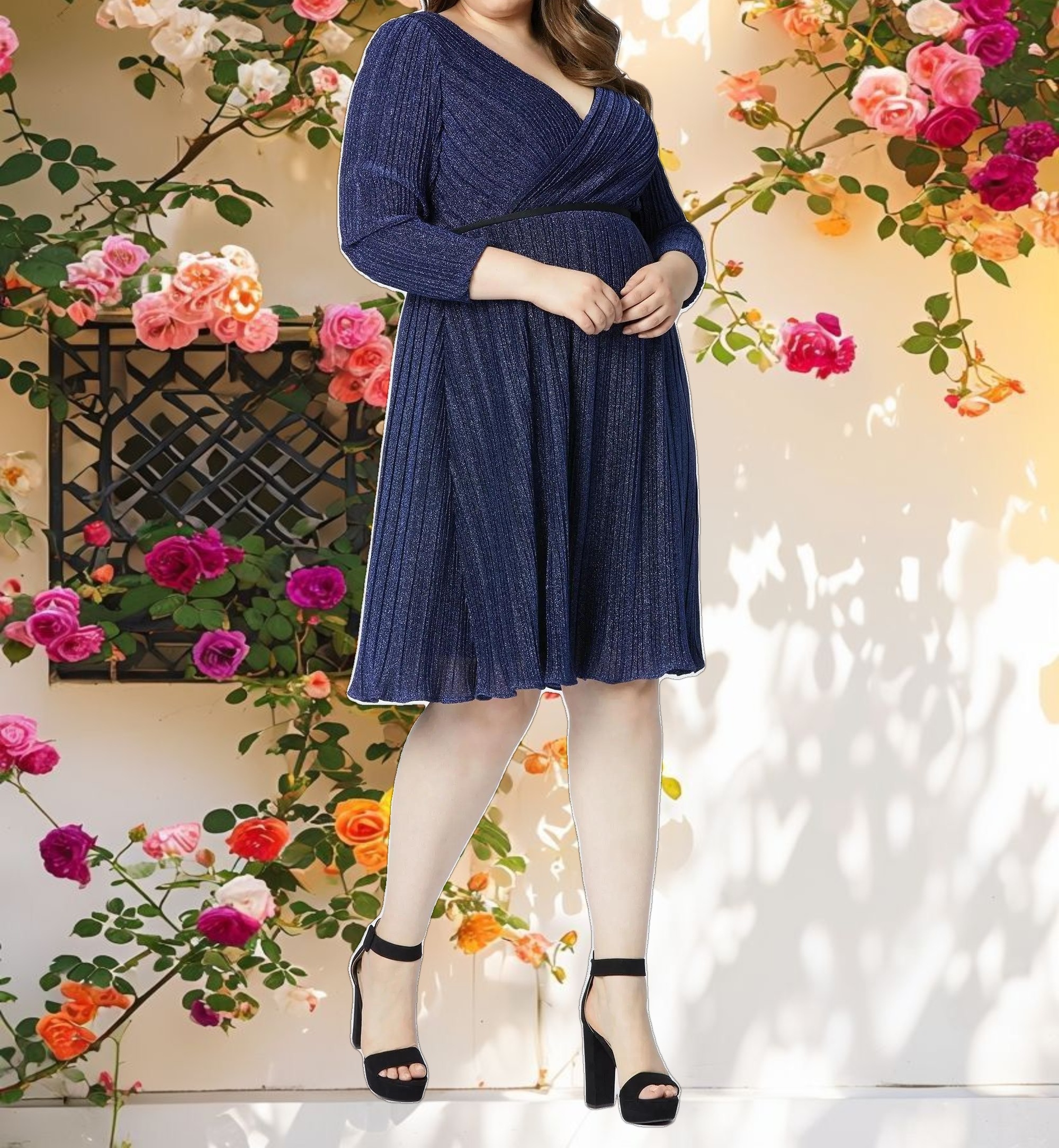 Navy Shimmering Faux Wrap Cocktail Dress (Plus)