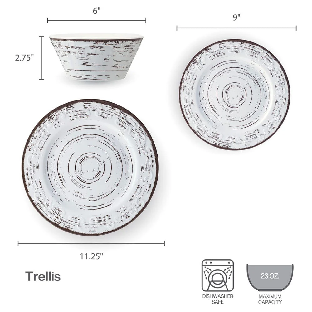 Trellis White 12 Piece Outdoor Melamine Dinnerware Set, Service for 4