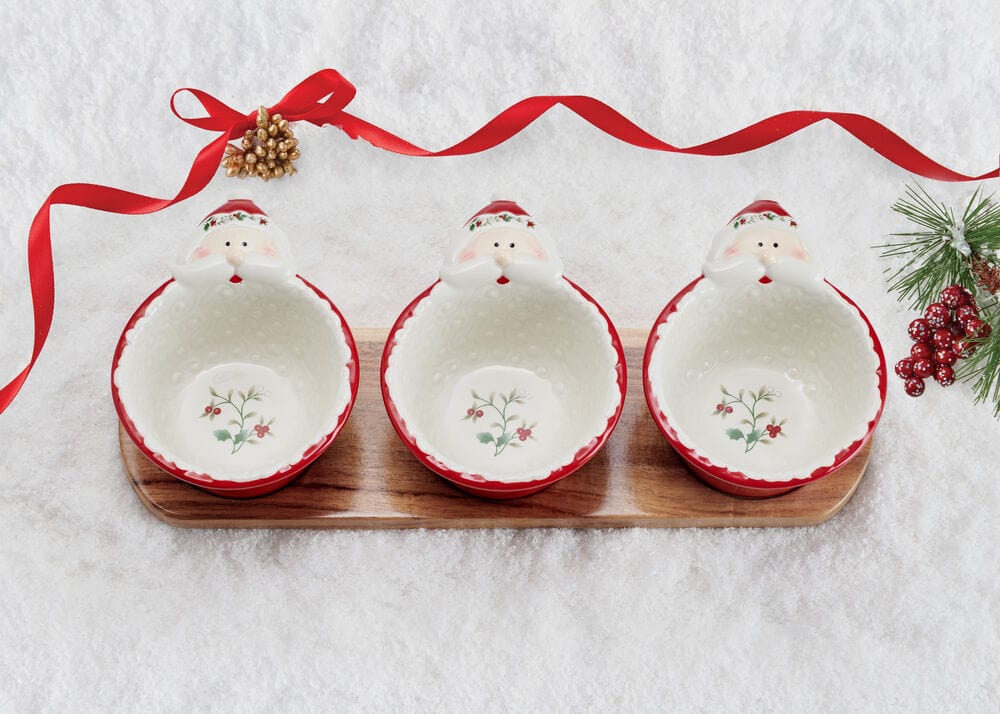 Winterberry® Set of 3 Santa Dip Bowls with Wood Base