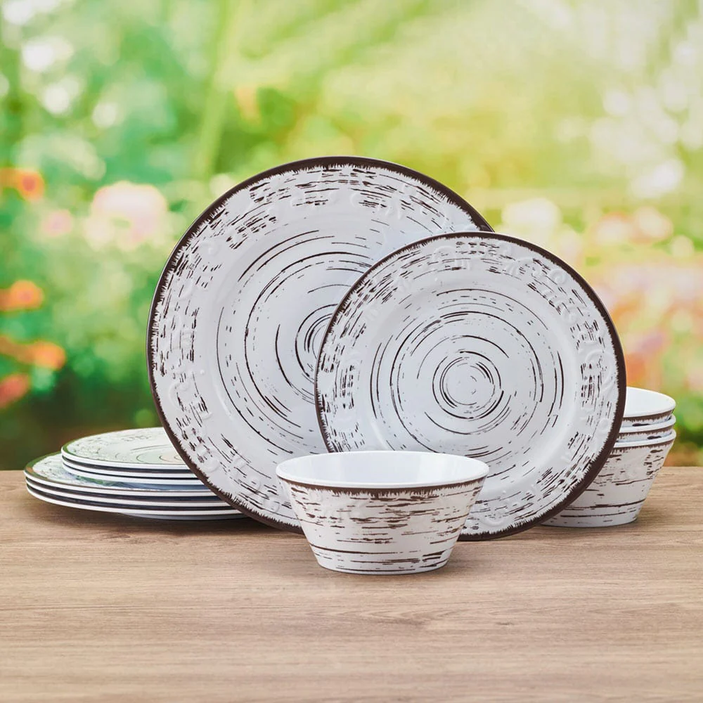 Trellis White 12 Piece Outdoor Melamine Dinnerware Set, Service for 4