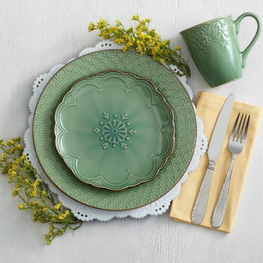 French Lace Set of 4 Green Dinner Plates