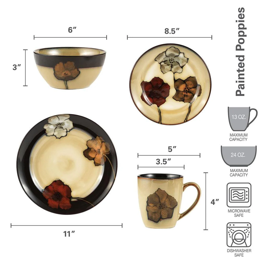 Painted Poppies 32 Piece Dinnerware Set, Service for 8