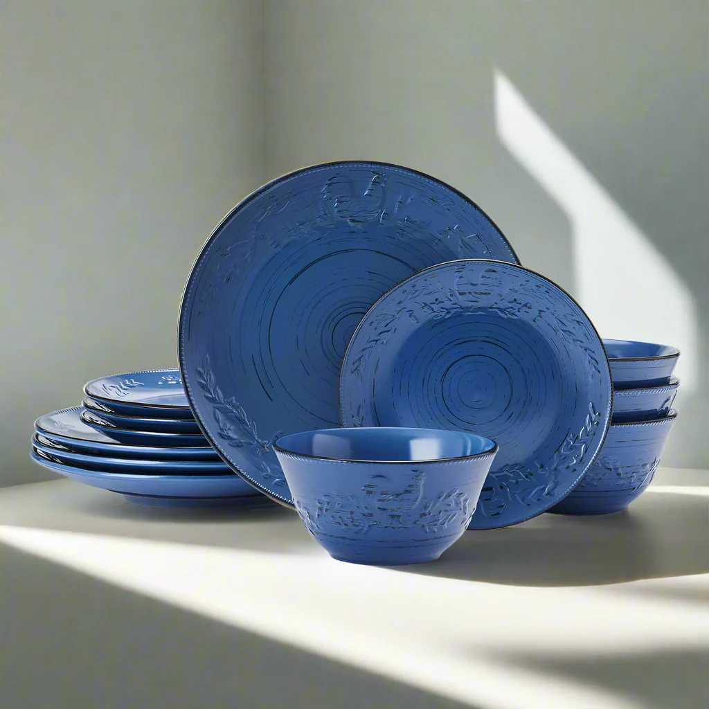 Trellis Rooster Blue 12 Piece Set, Service for 4