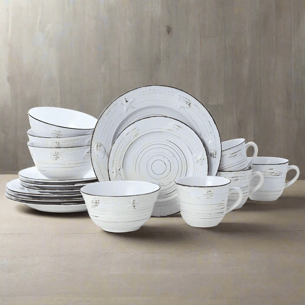 Trellis Coastal White 16 Piece Dinnerware Set, Service for 4