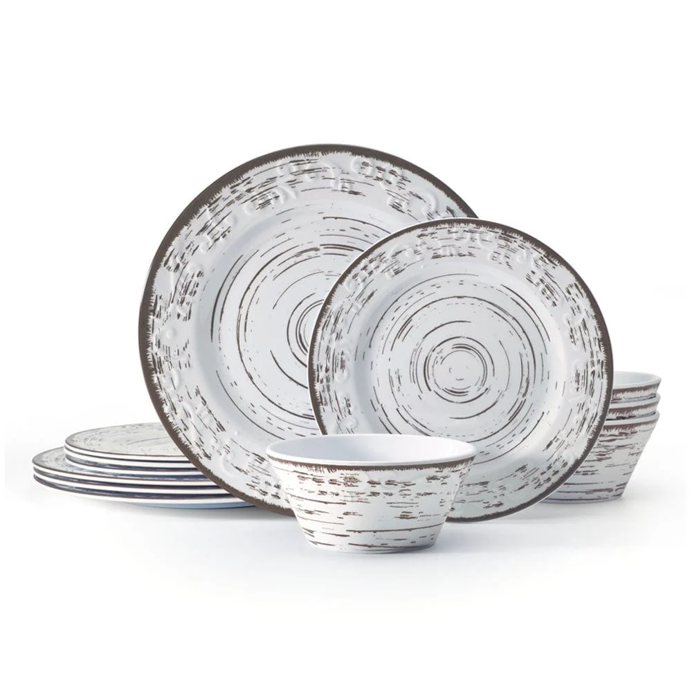 Trellis White 12 Piece Outdoor Melamine Dinnerware Set, Service for 4