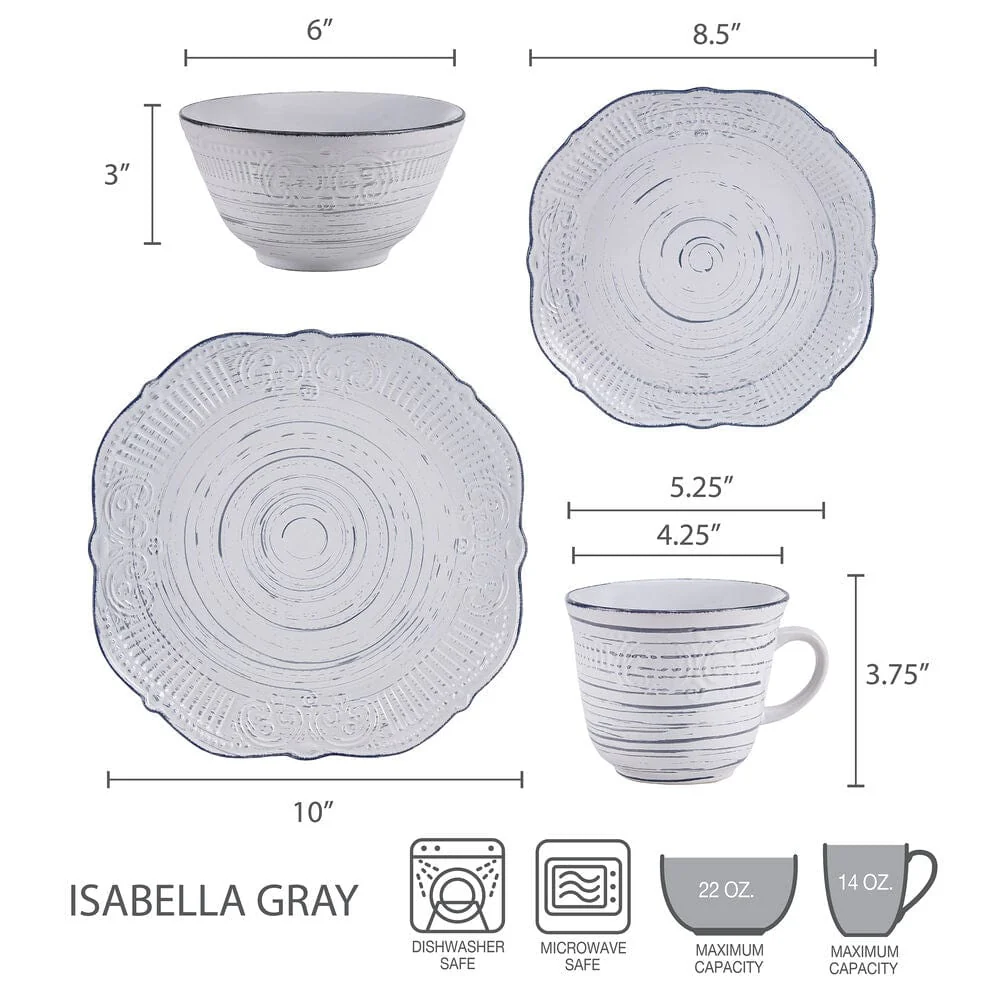 Isabella Gray 16 Piece Dinnerware Set, Service for 4