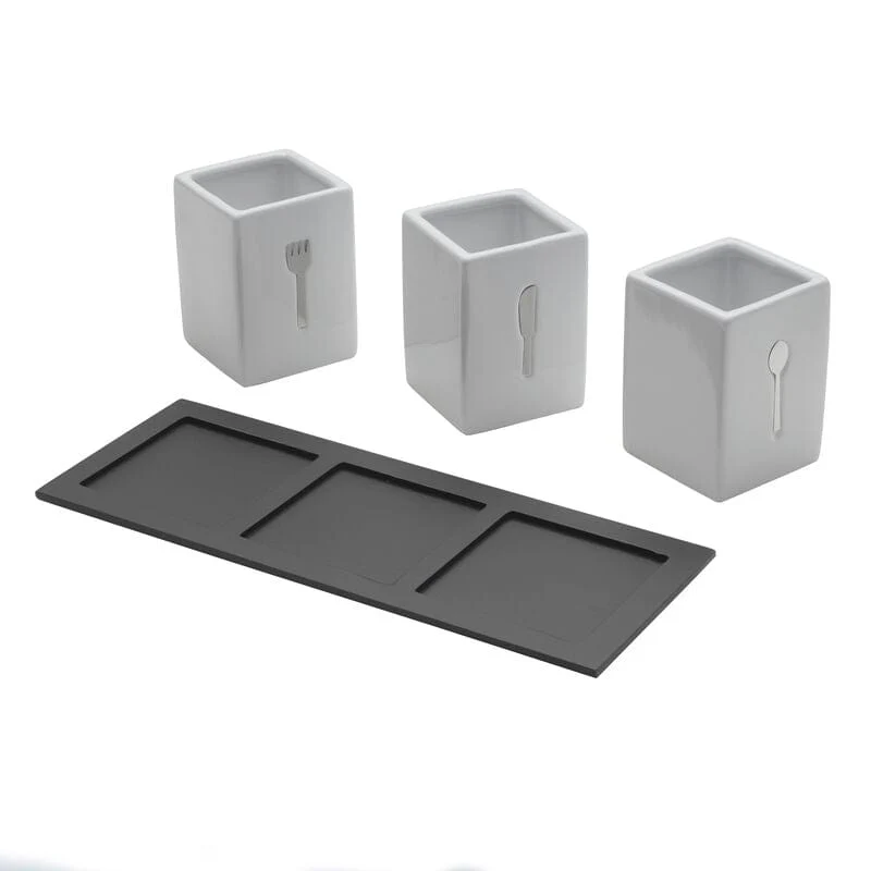 3 Piece Flatware Caddy with Wood Tray