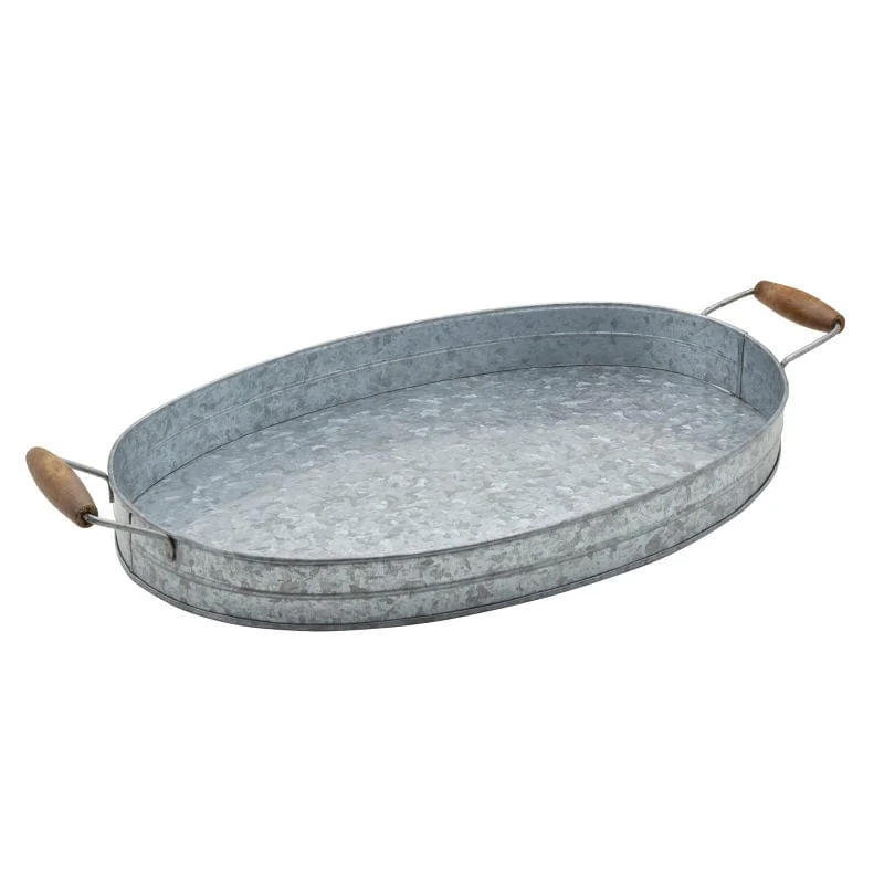 Galvanized Oval Serving with Wooden Handles