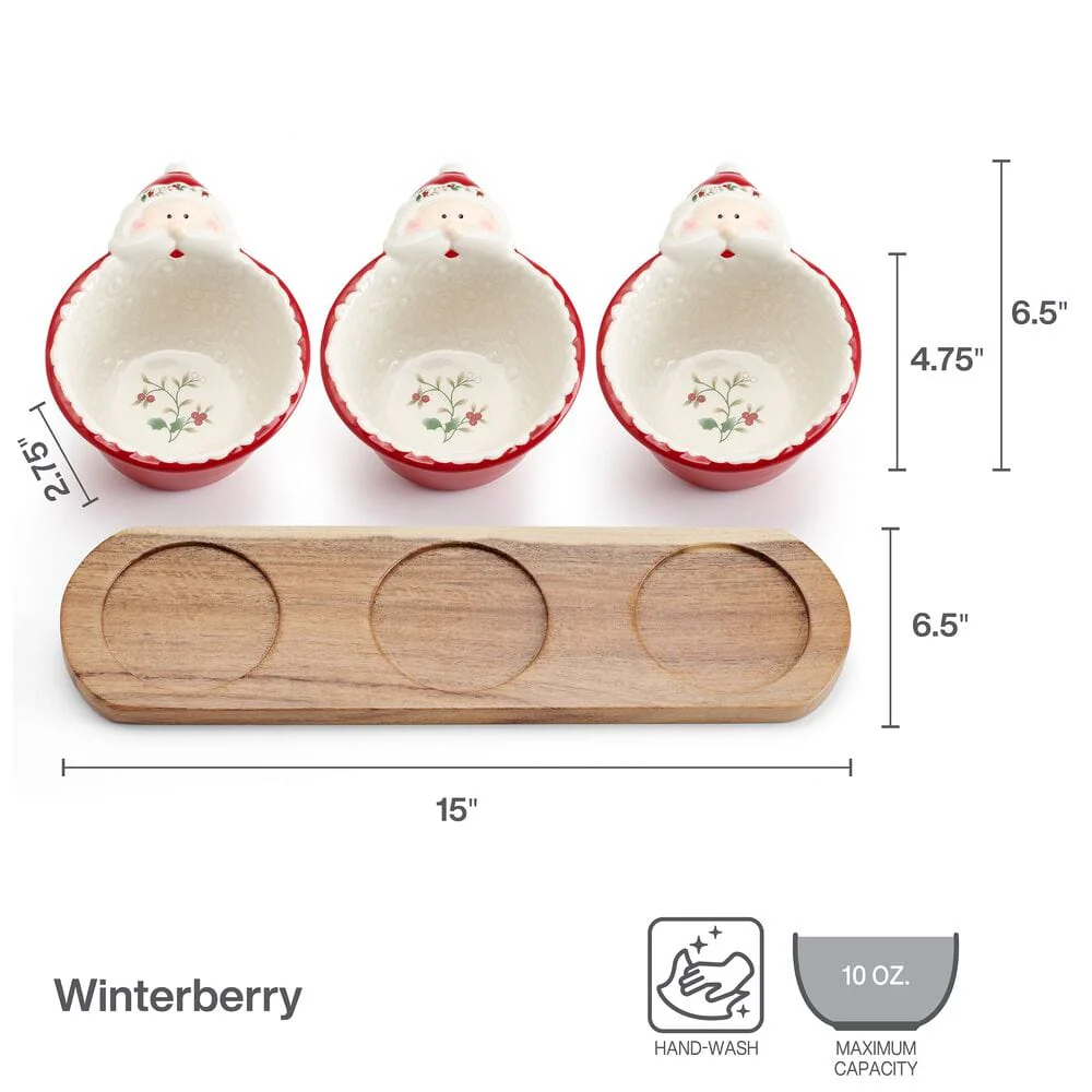 Winterberry® Set of 3 Santa Dip Bowls with Wood Base